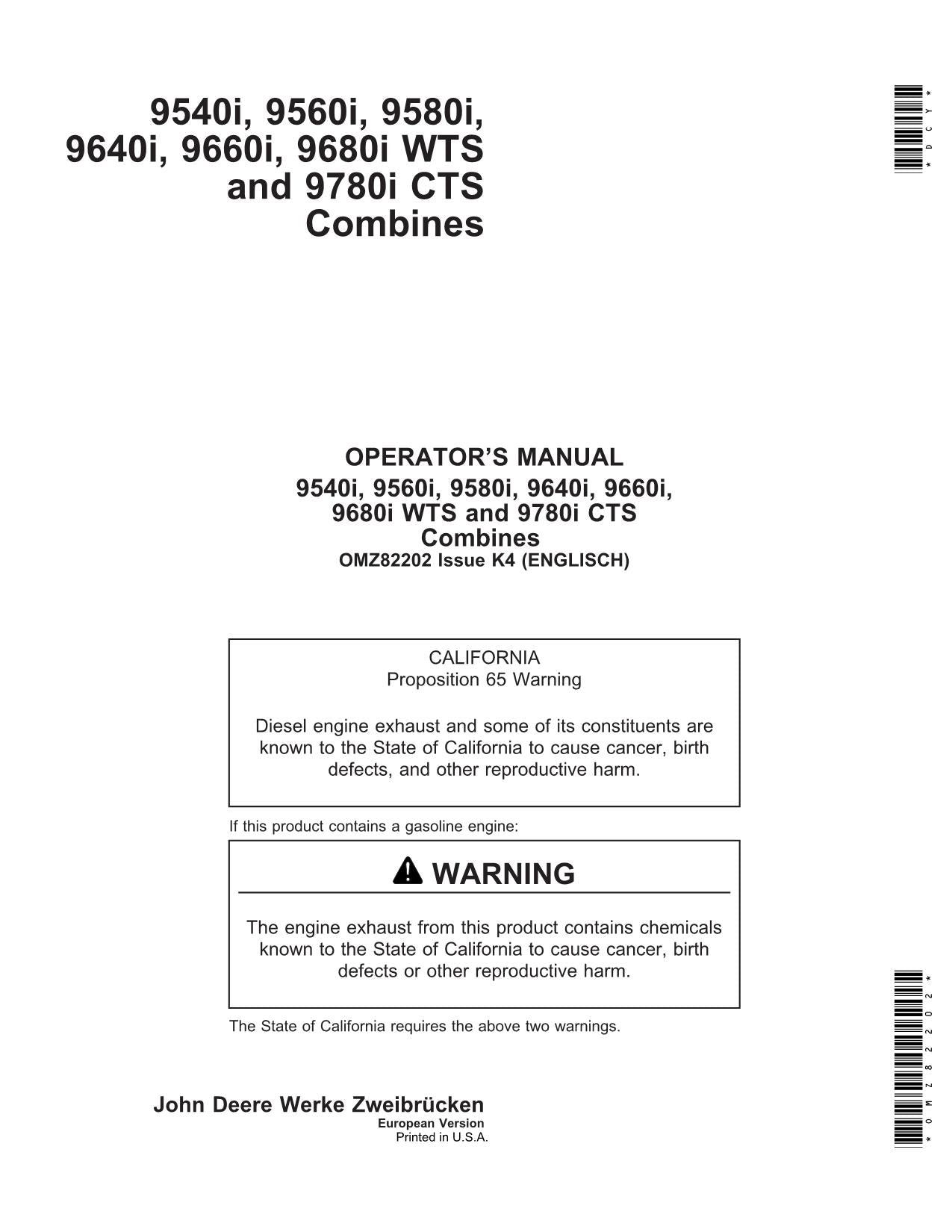 JOHN DEERE 9540i 9560i 9580i 9640i 9660i 9680i 9780i COMBINE OPERATOR MANUAL