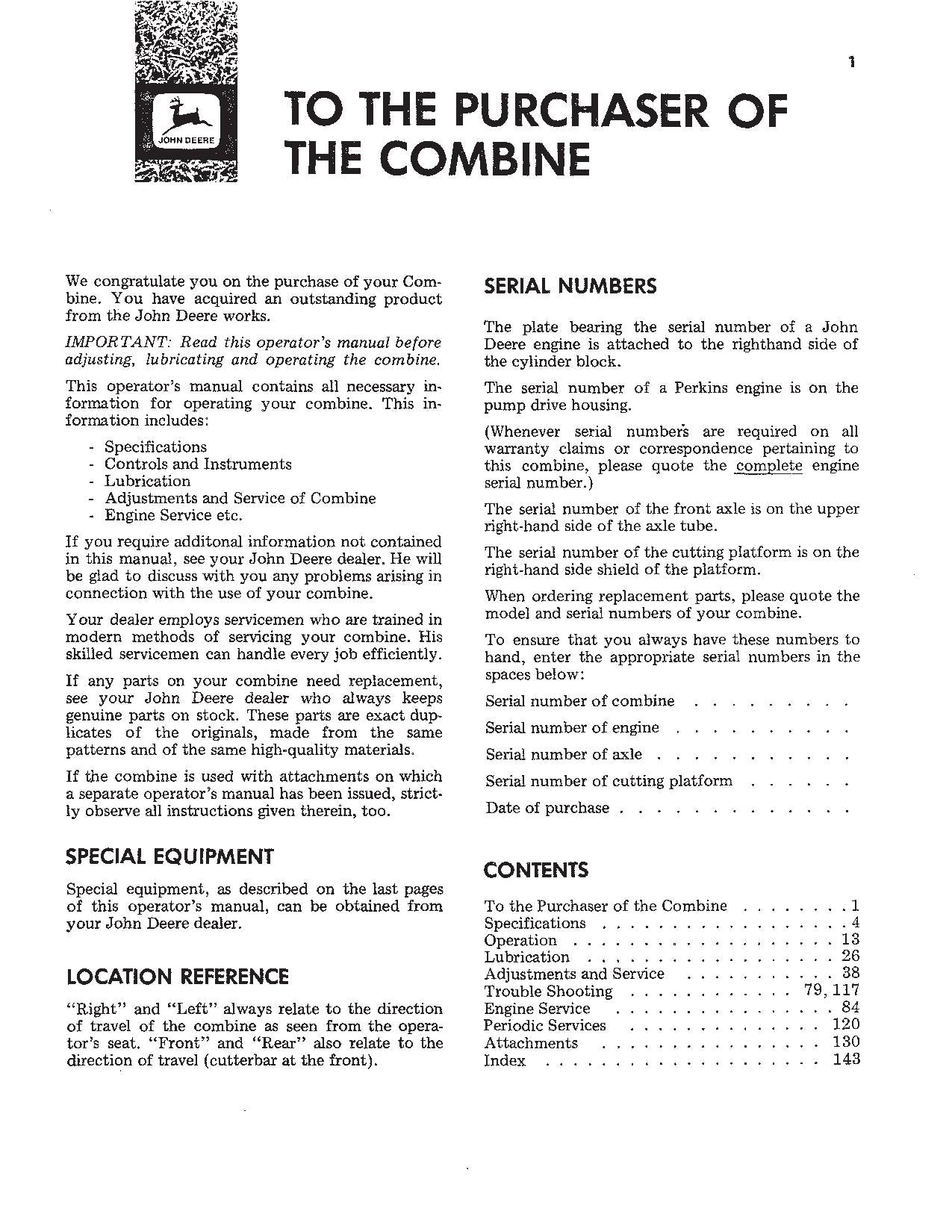 JOHN DEERE 53 630 730 COMBINE OPERATOR MANUAL