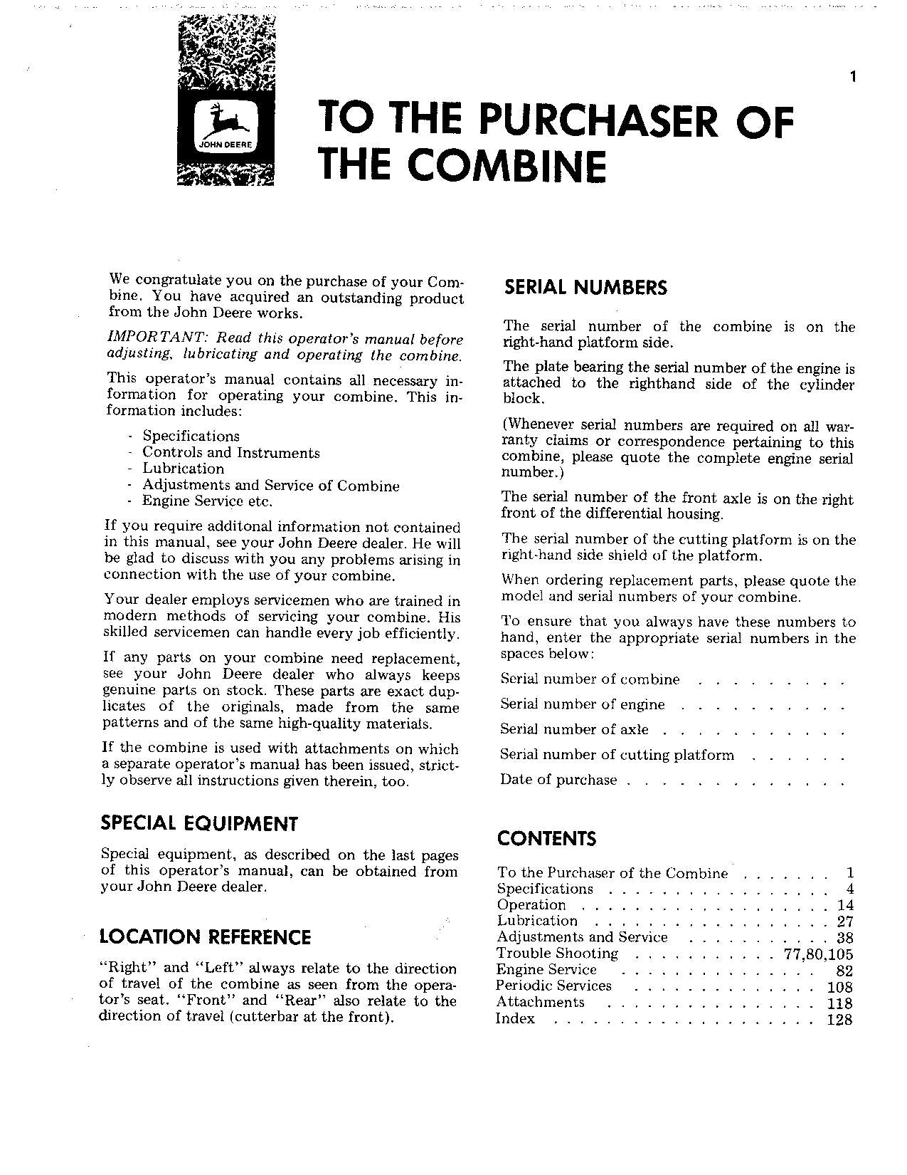 JOHN DEERE 330 430 COMBINE OPERATOR MANUAL