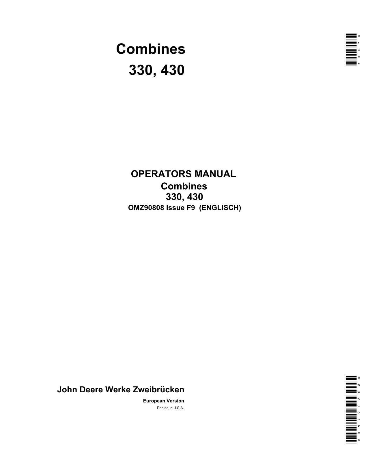 JOHN DEERE 330 430 COMBINE OPERATOR MANUAL