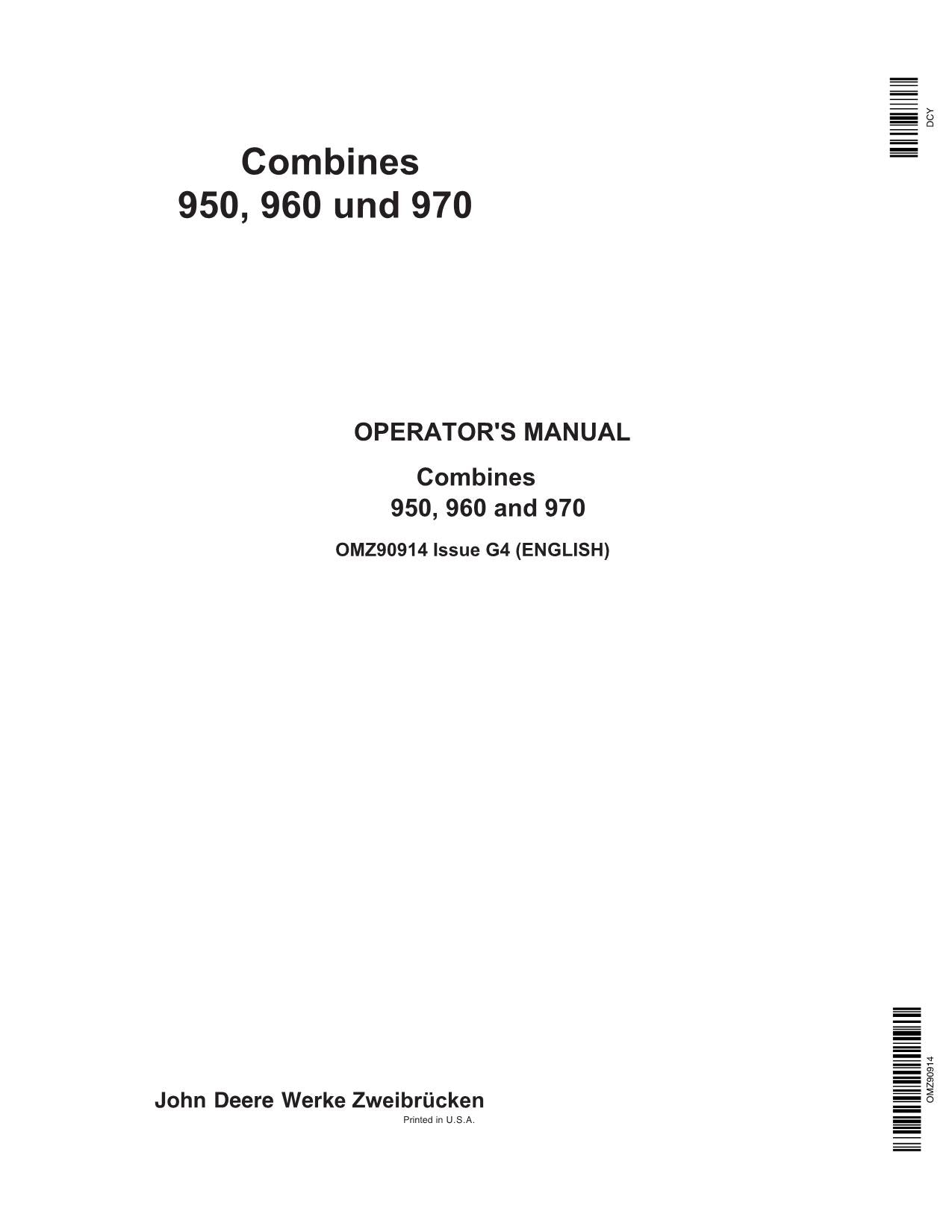 JOHN DEERE 950, 960, 970 COMBINE OPERATOR MANUAL