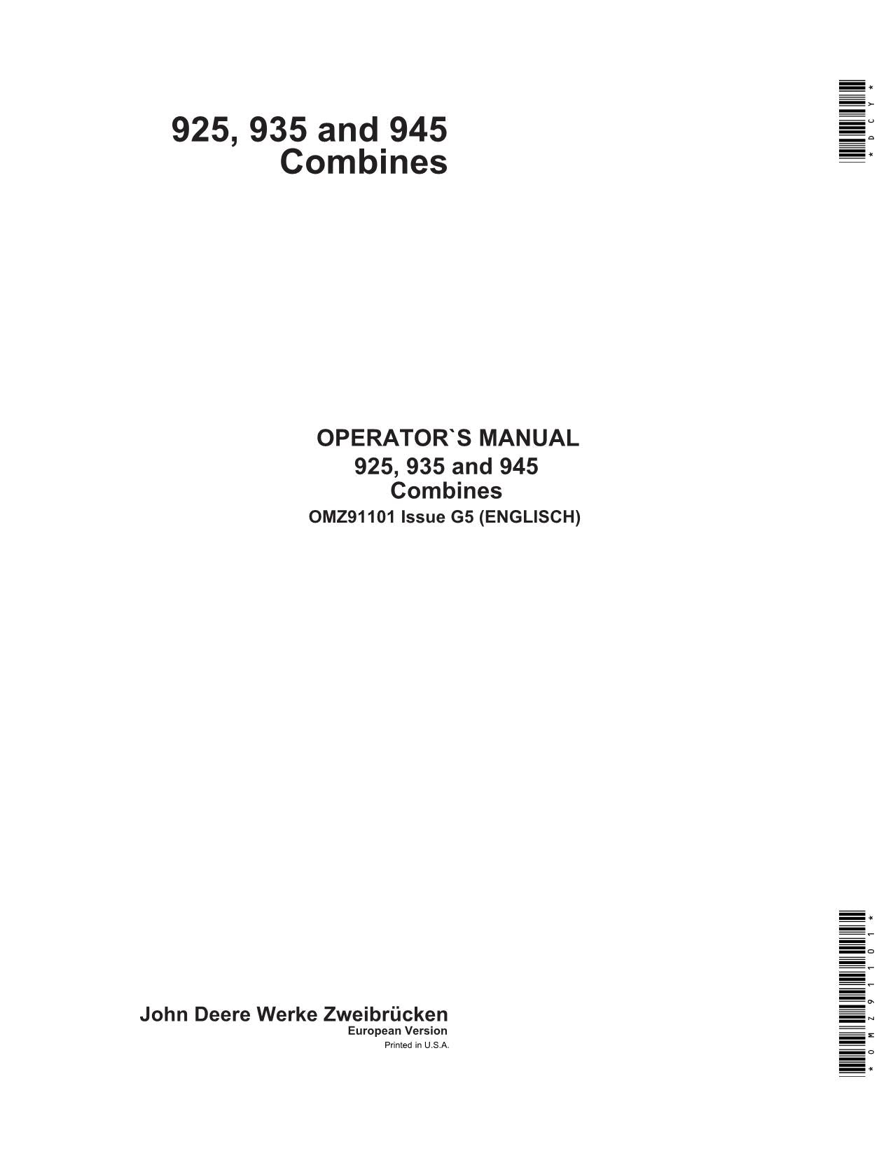 JOHN DEERE 925, 935, 945 COMBINE OPERATOR MANUAL #1