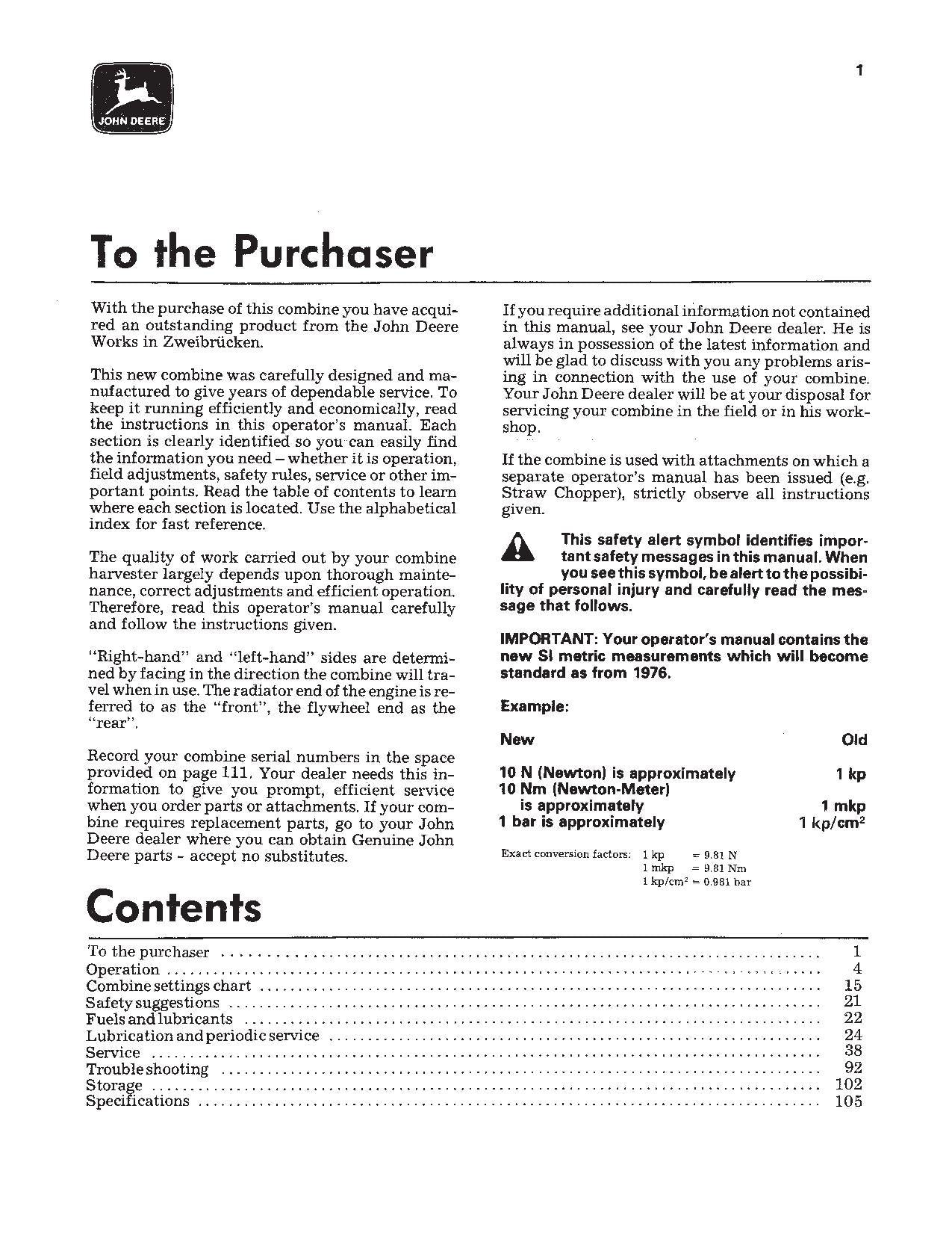 JOHN DEERE 925, 935, 945 COMBINE OPERATOR MANUAL #1