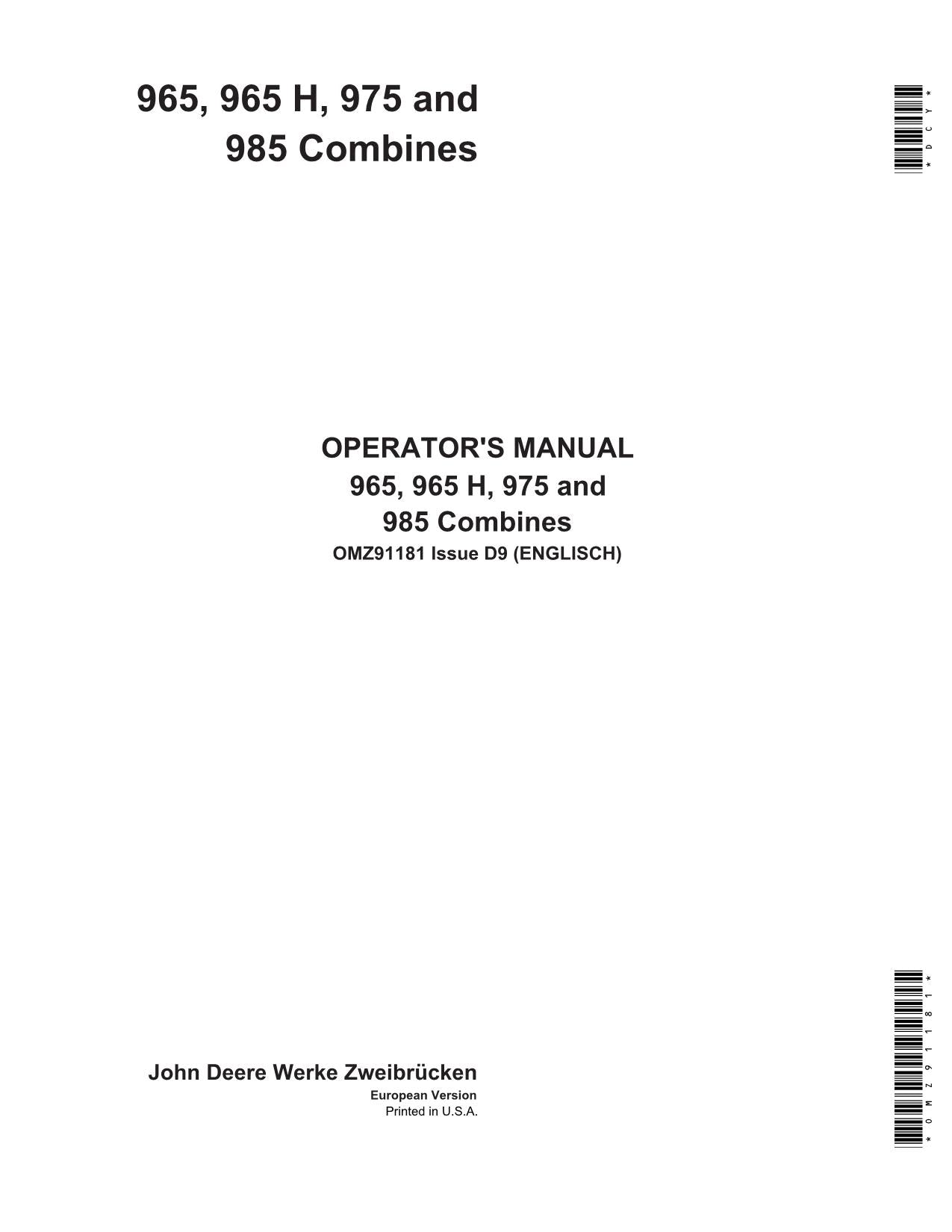 JOHN DEERE 965 965H 975 985 COMBINE OPERATOR MANUAL OMZ91181