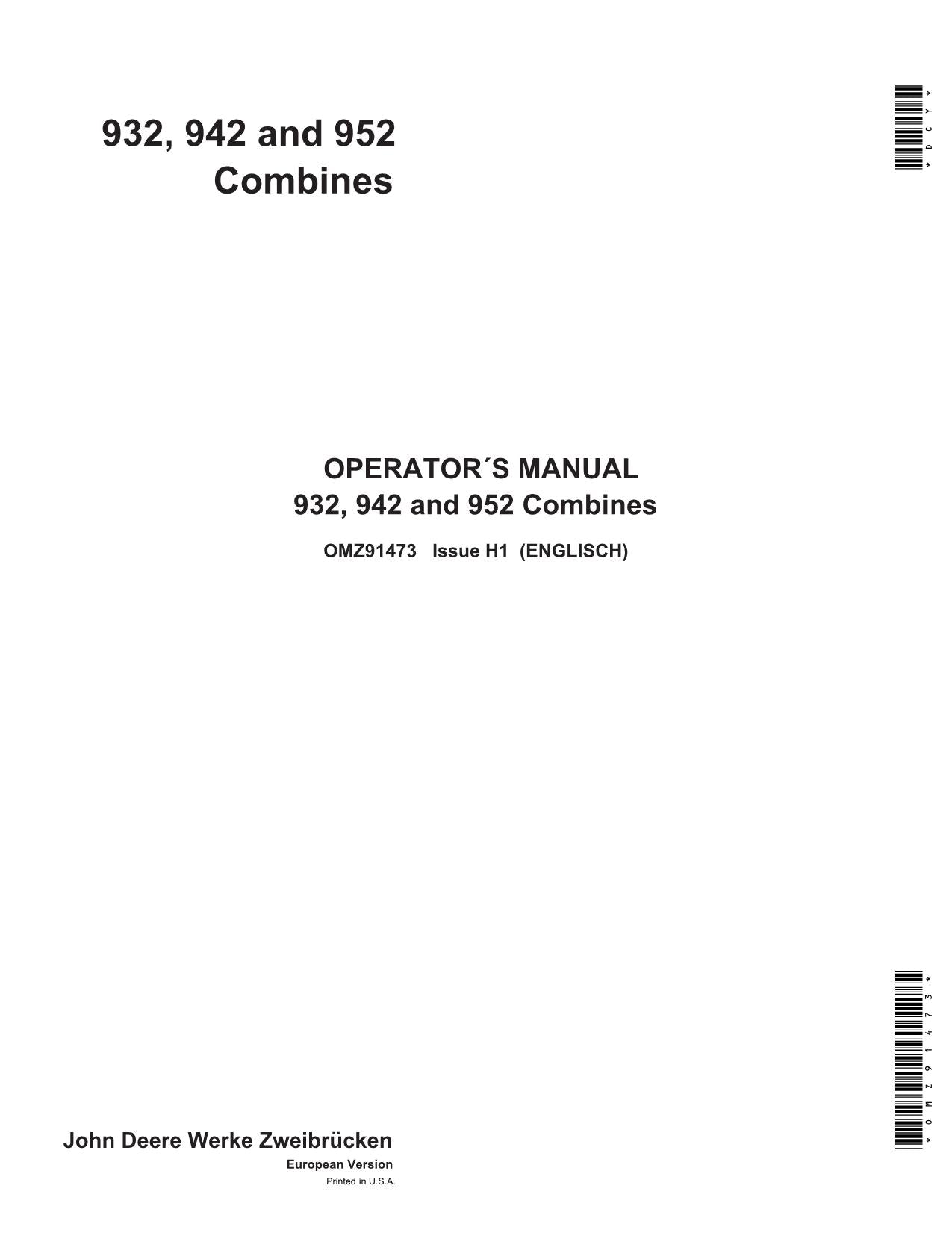 JOHN DEERE 932 942 952 COMBINE OPERATOR MANUAL #1