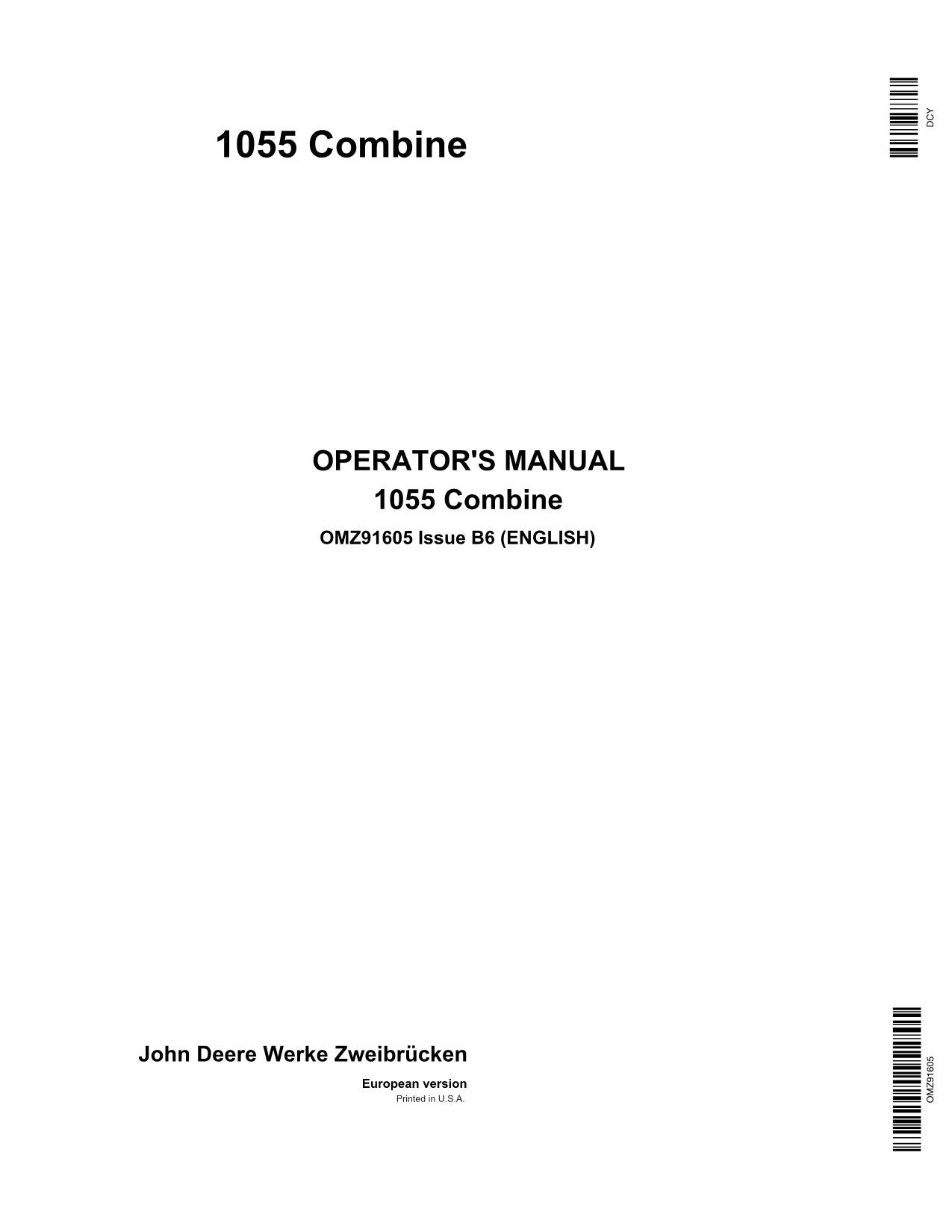 JOHN DEERE 1055 COMBINE OPERATOR MANUAL #1