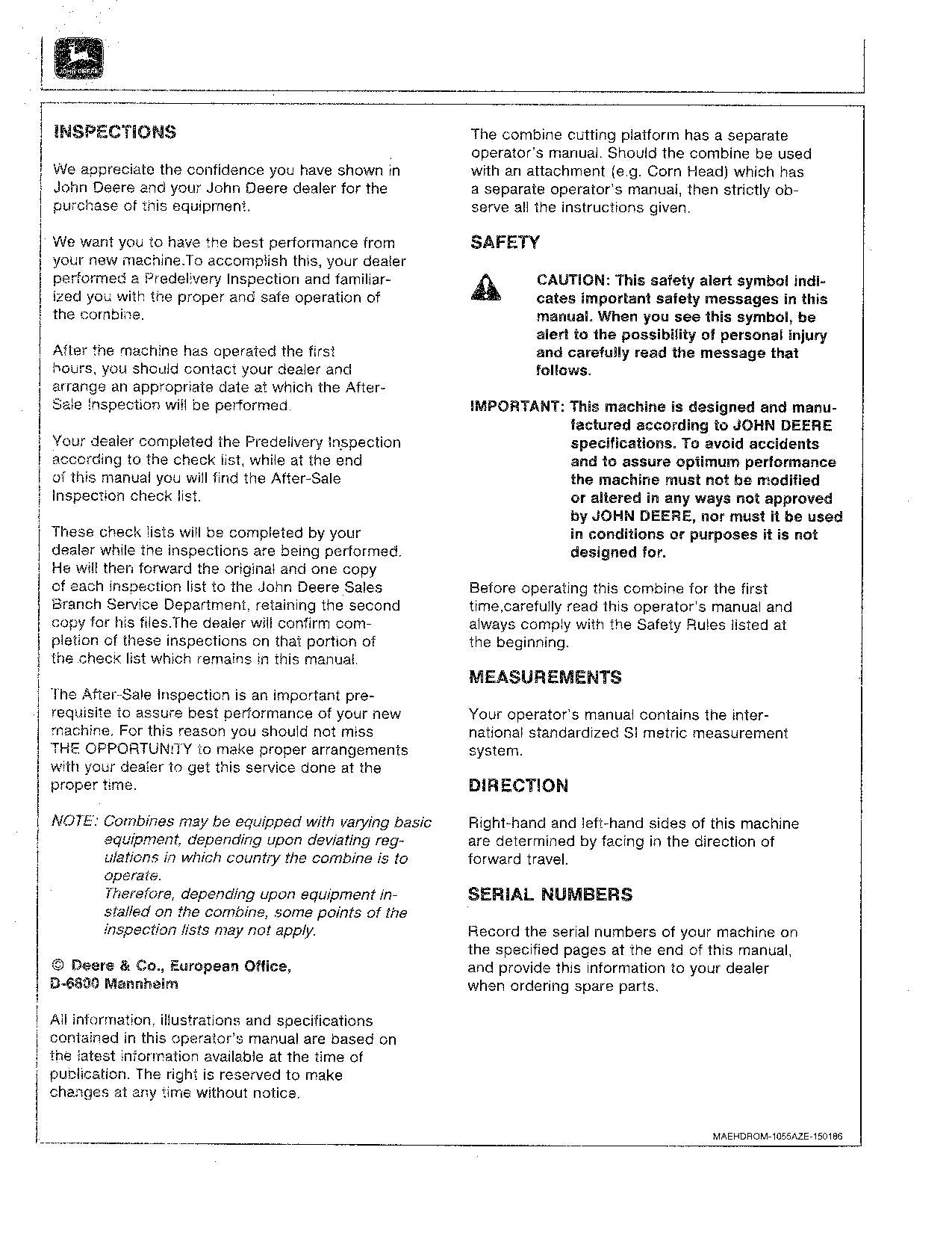 JOHN DEERE 1055 COMBINE OPERATOR MANUAL #1