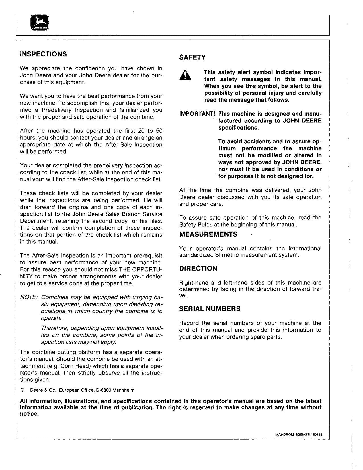 JOHN DEERE 1065 1075 1085 Hydro4 COMBINE OPERATOR MANUAL