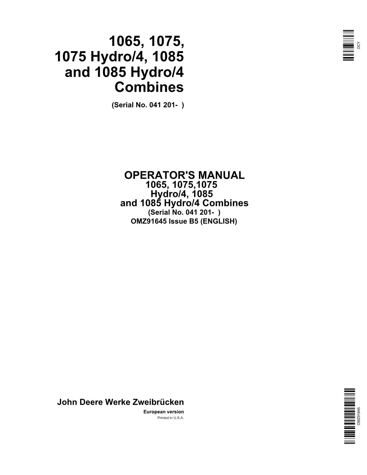 JOHN DEERE 1065 1075 1085 Hydro4 MÄHDRESCHER-BETRIEBSHANDBUCH