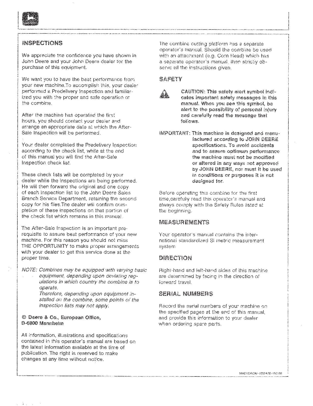 JOHN DEERE 1055 MÄHDRESCHER-BETRIEBSHANDBUCH NR. 2