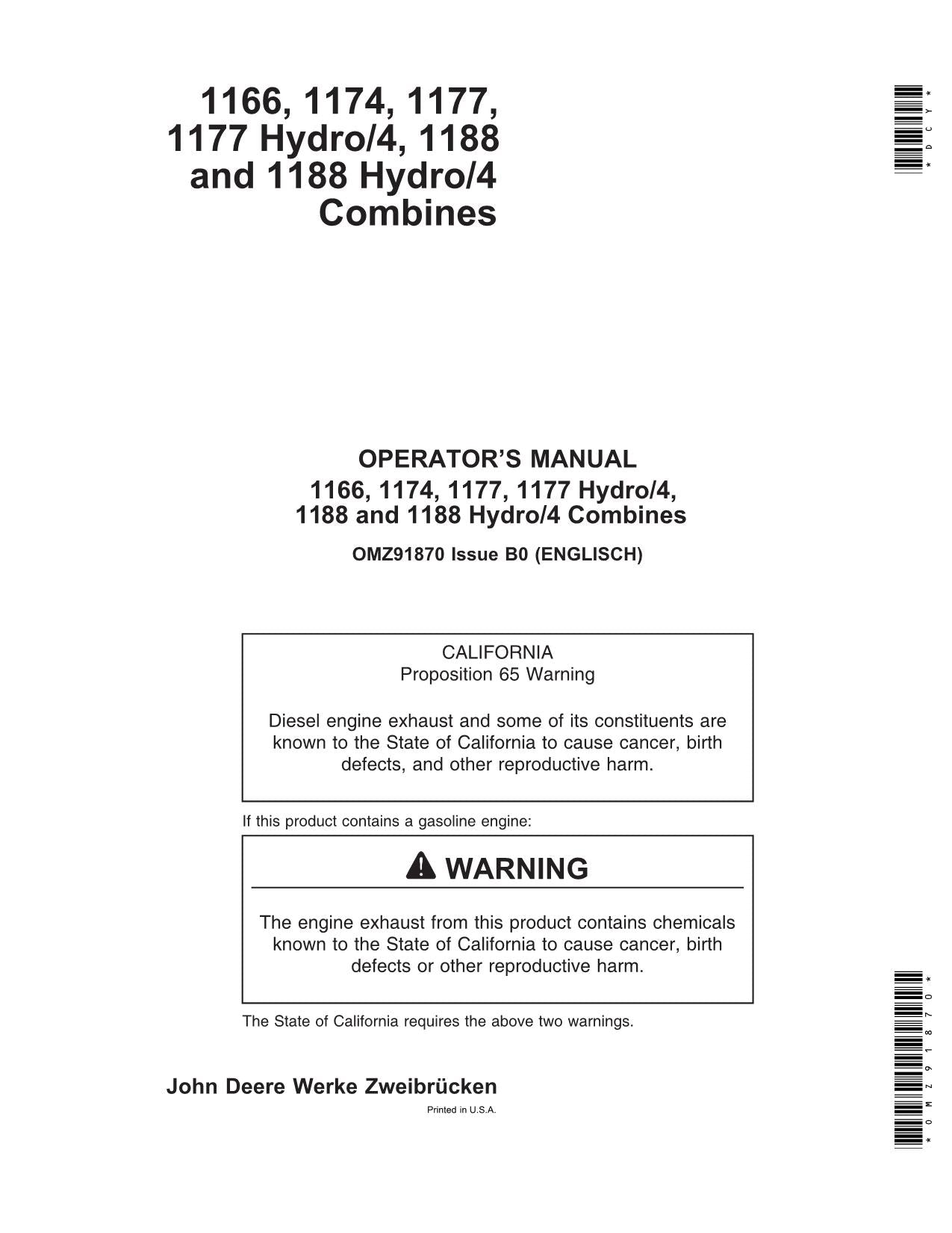 JOHN DEERE 1166 1174 1177 1177 Hydro/4 1188 1188H MÄHDRESCHER-BETRIEBSHANDBUCH