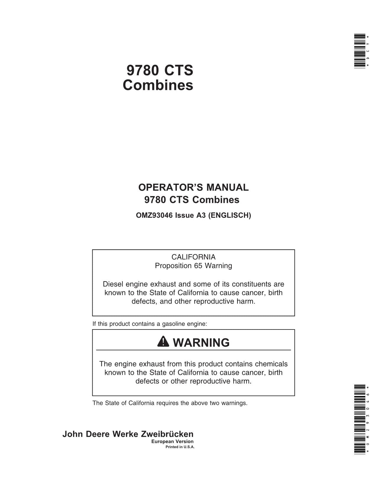 JOHN DEERE 9780 MÄHDRESCHER-BETRIEBSHANDBUCH Nr. 2