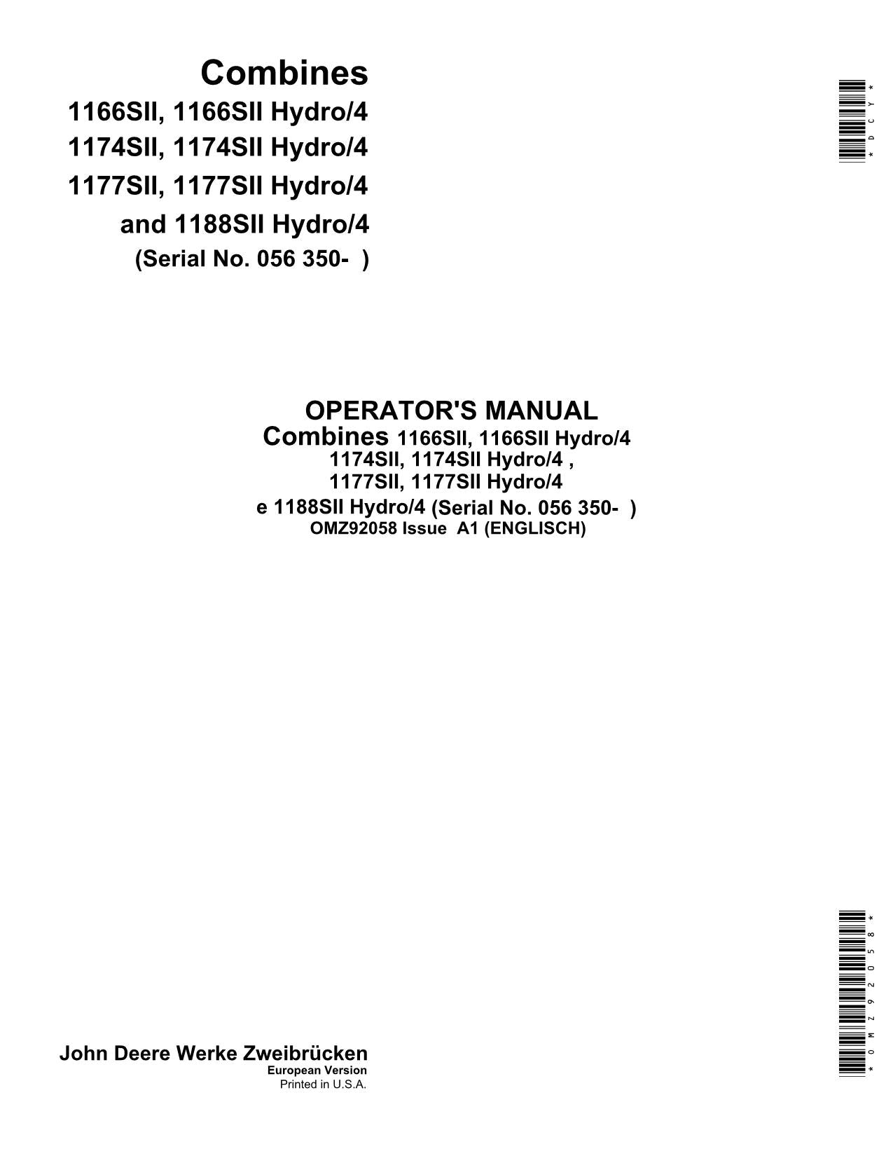 JOHN DEERE 1166SII 1166SII Hydro 4 1174SII 1174SII MÄHDRESCHER-BETRIEBSHANDBUCH