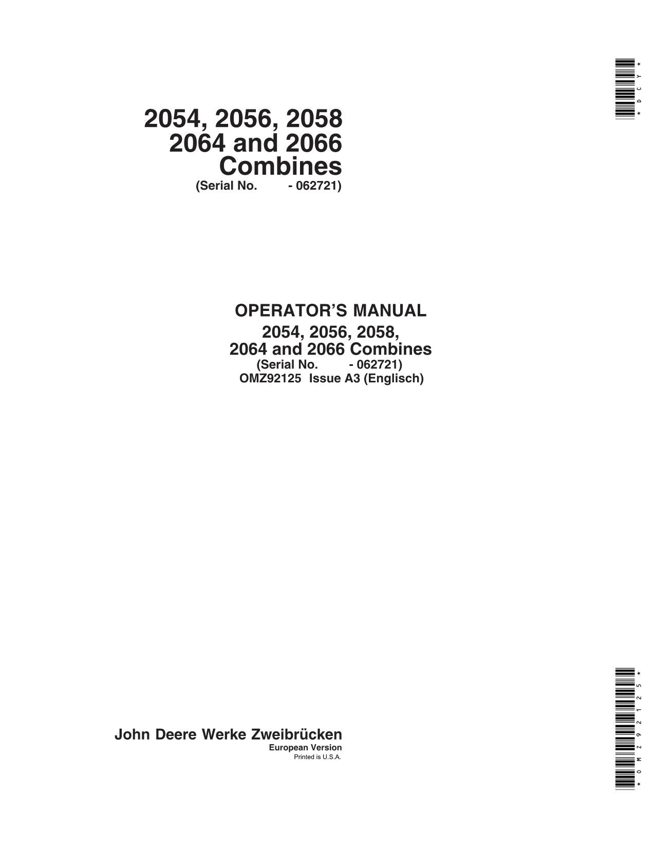 JOHN DEERE 2054 2056 2058 2064 2066 MÄHDRESCHER-BETRIEBSHANDBUCH Nr. 1