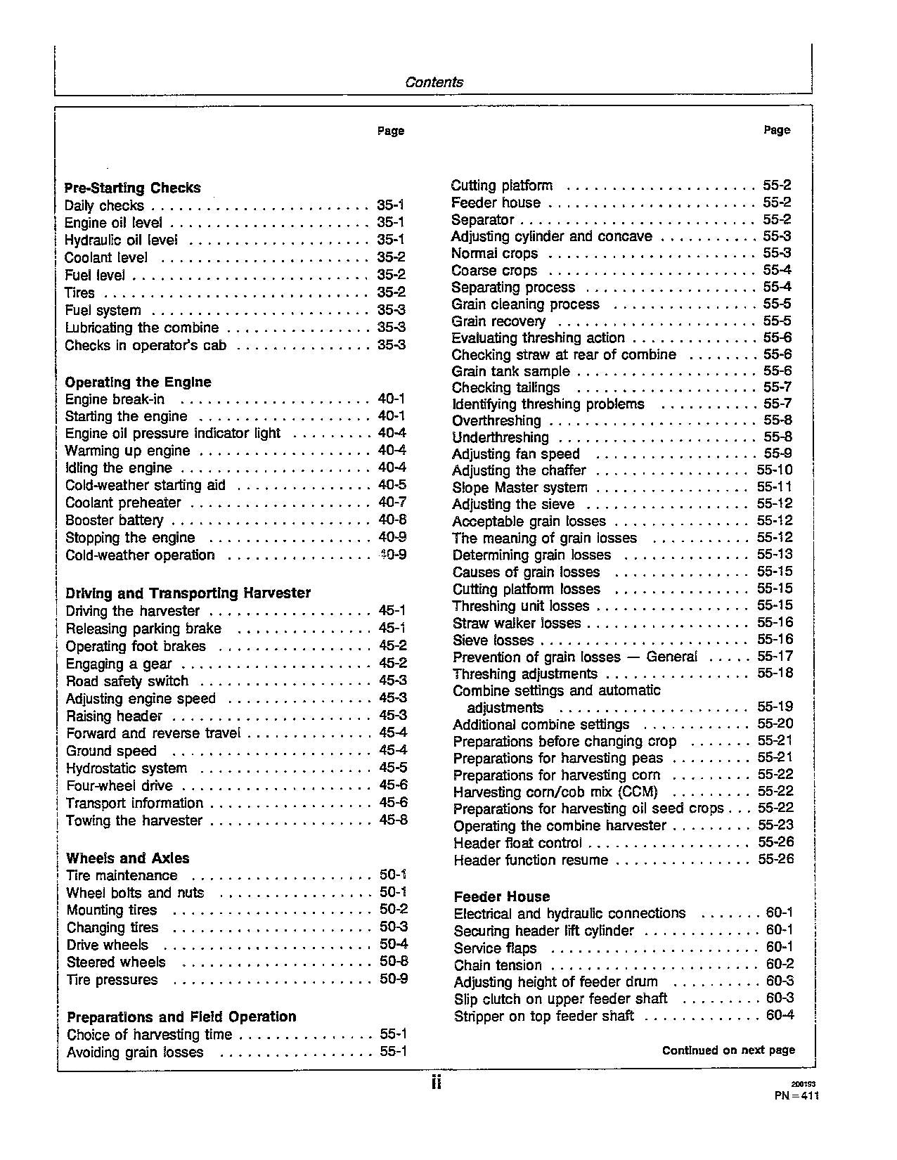 JOHN DEERE 2054 2056 2058 2064 2066 MÄHDRESCHER-BETRIEBSHANDBUCH Nr. 1