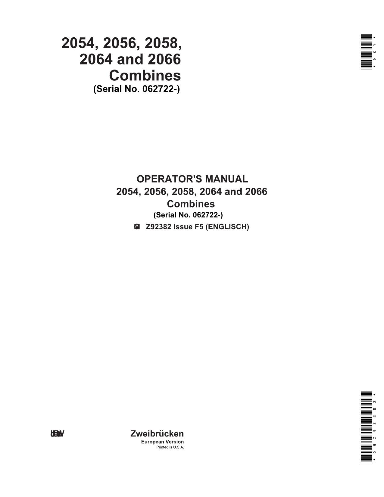 JOHN DEERE 2054 2056 2058 2064 2066 COMBINE OPERATOR MANUAL #2