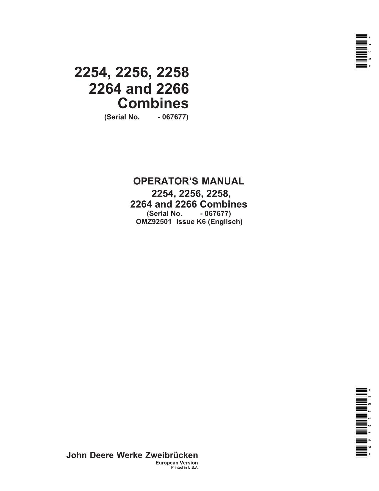 JOHN DEERE 2254 2256 2258 2264 2266 MÄHDRESCHER-BETRIEBSHANDBUCH Nr. 1