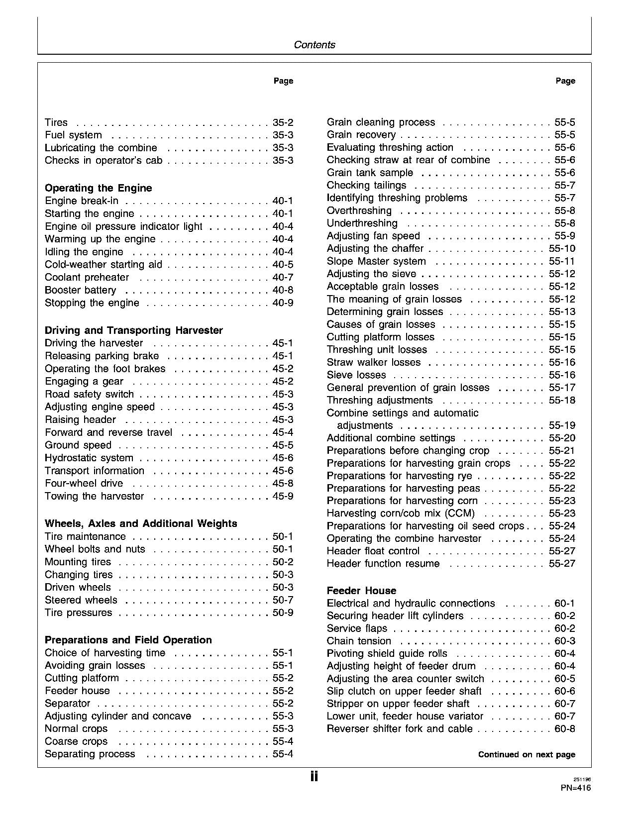 JOHN DEERE 2254 2256 2258 2264 2266 MÄHDRESCHER-BETRIEBSHANDBUCH Nr. 1