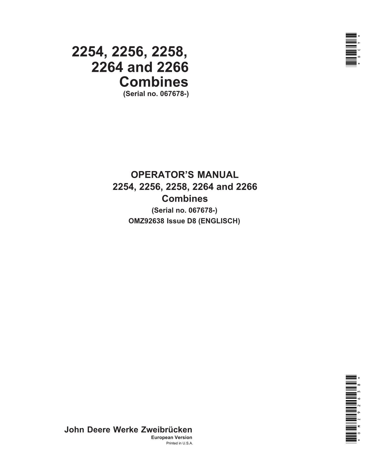 JOHN DEERE 2254 2256 2258 2264 2266 COMBINE OPERATOR MANUAL #2