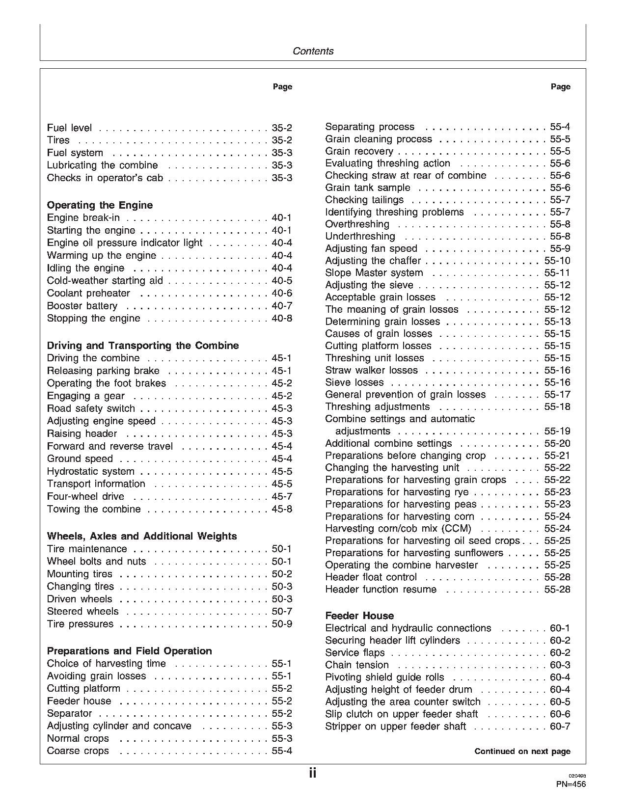 JOHN DEERE 2254 2256 2258 2264 2266 MÄHDRESCHER-BETRIEBSHANDBUCH Nr. 2