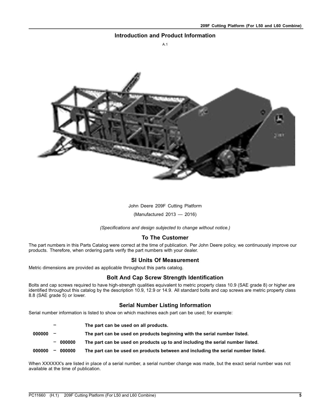 JOHN DEERE 209F COMBINE PARTS CATALOG MANUAL