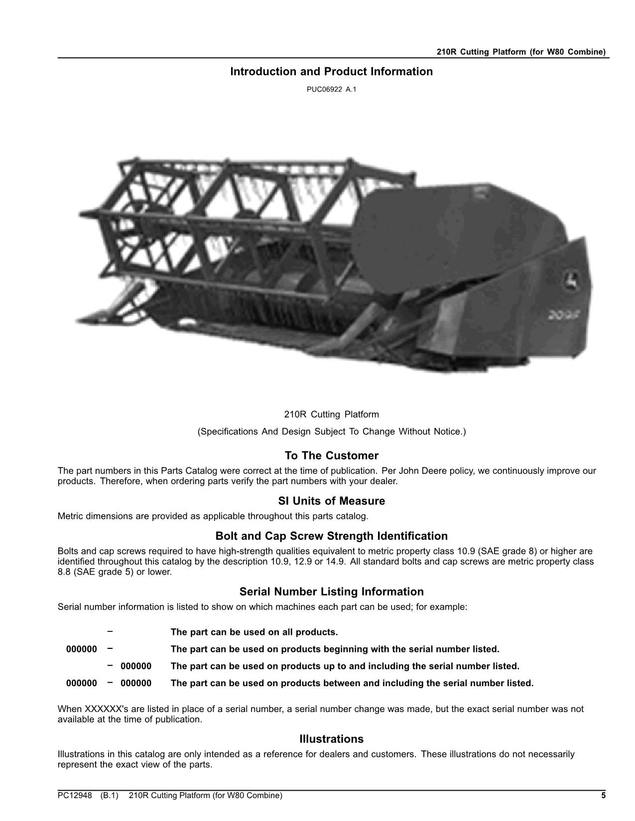 JOHN DEERE 210R COMBINE PARTS CATALOG MANUAL