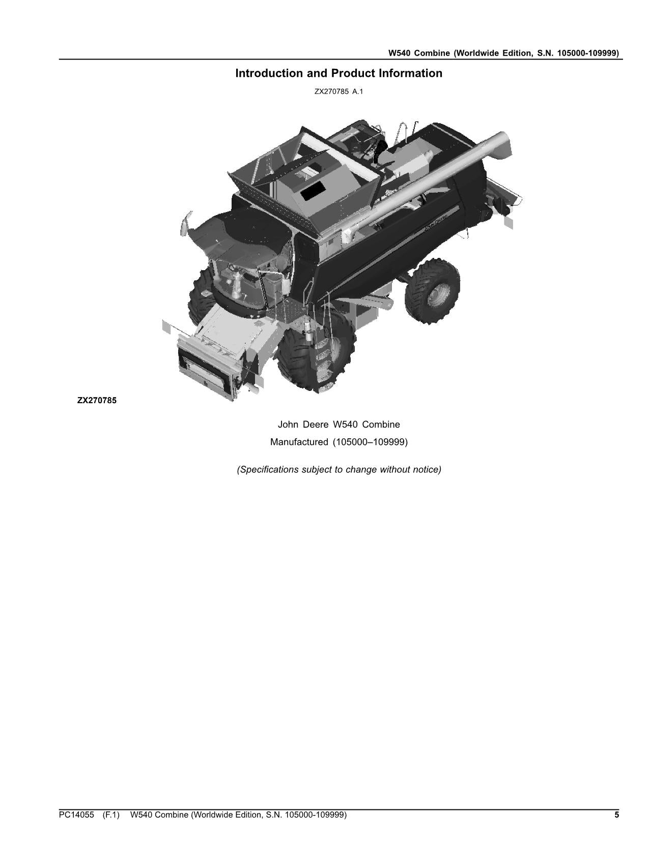 JOHN DEERE W540 COMBINE PARTS CATALOG MANUAL 105000-109999