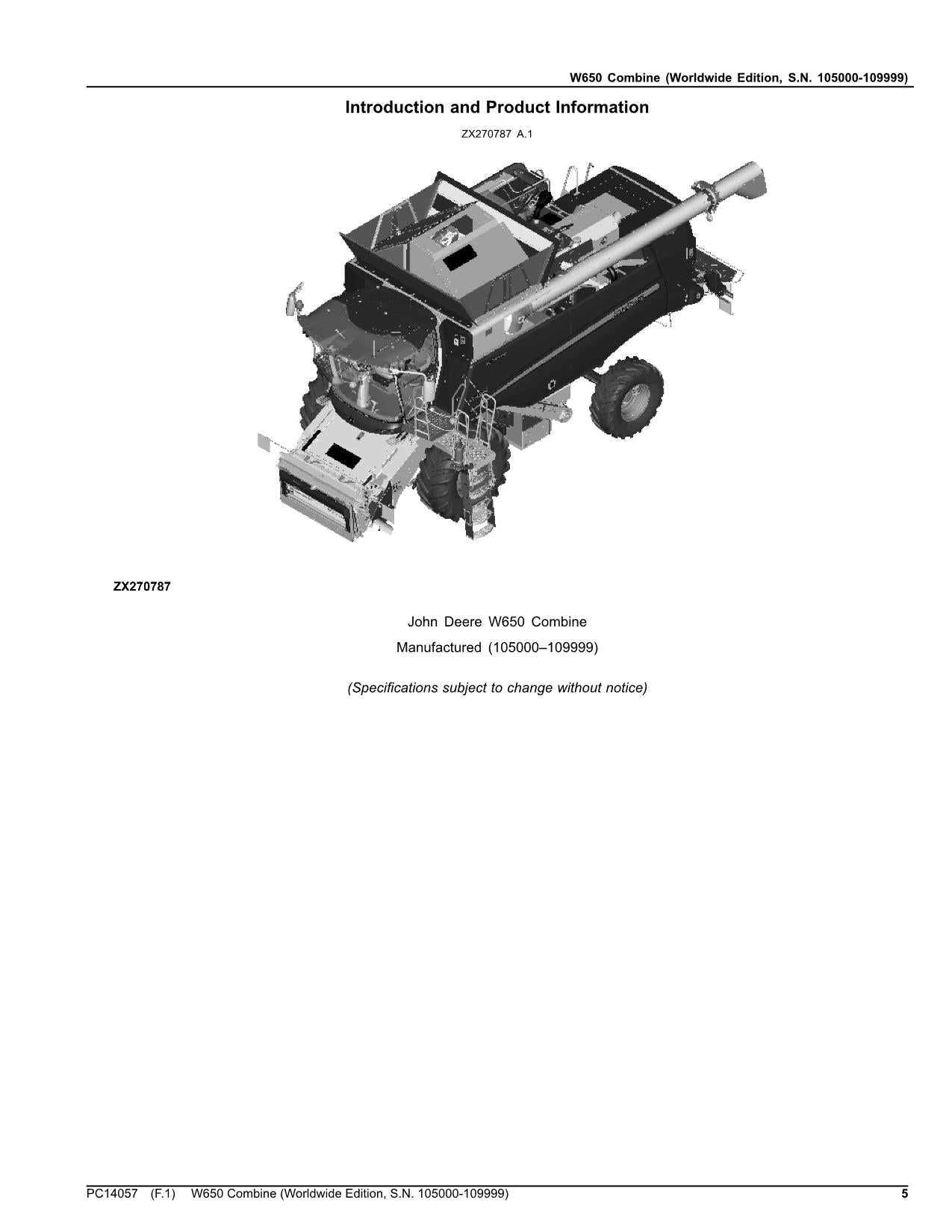 JOHN DEERE W650 COMBINE PARTS CATALOG MANUAL 105000-109999