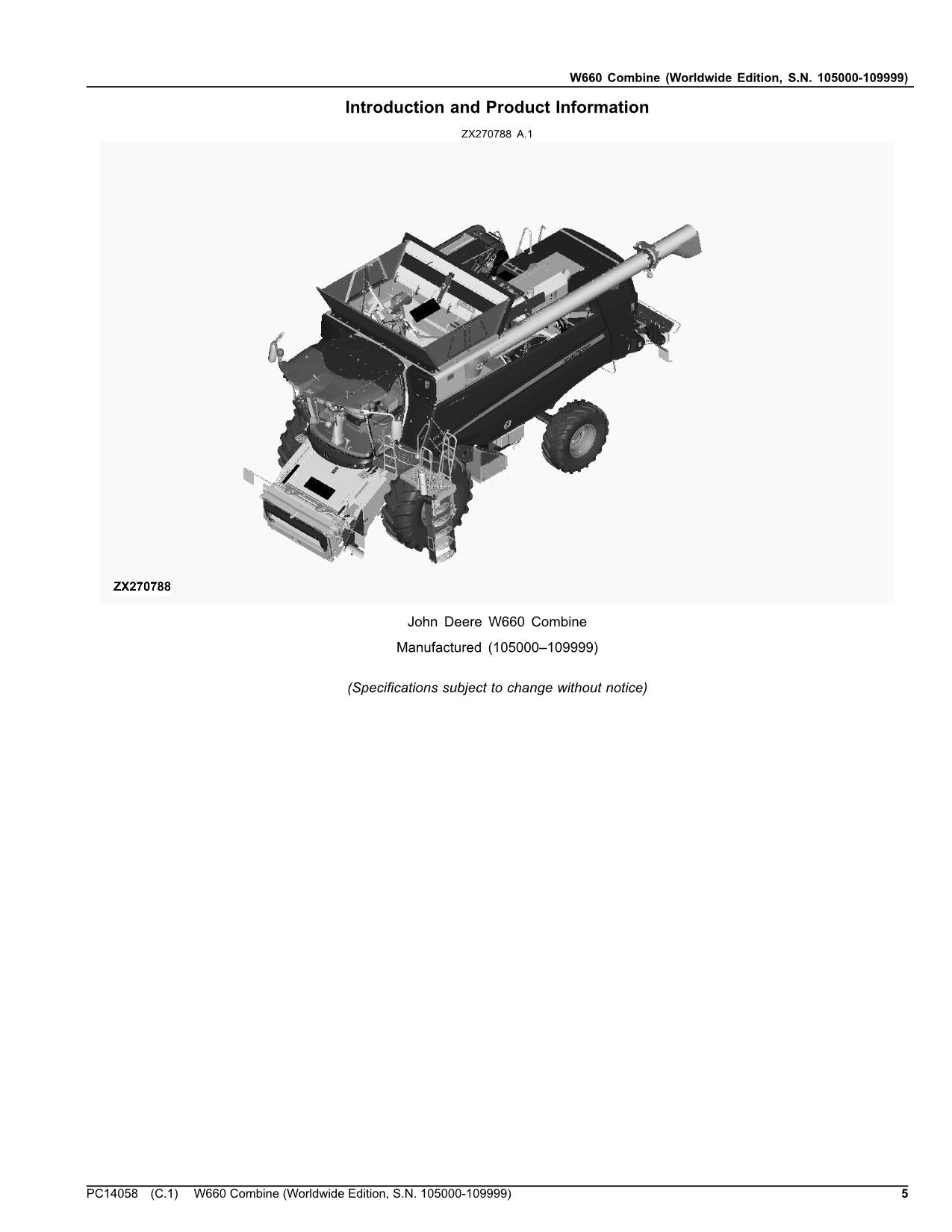 JOHN DEERE W660 COMBINE PARTS CATALOG MANUAL 105000-109999