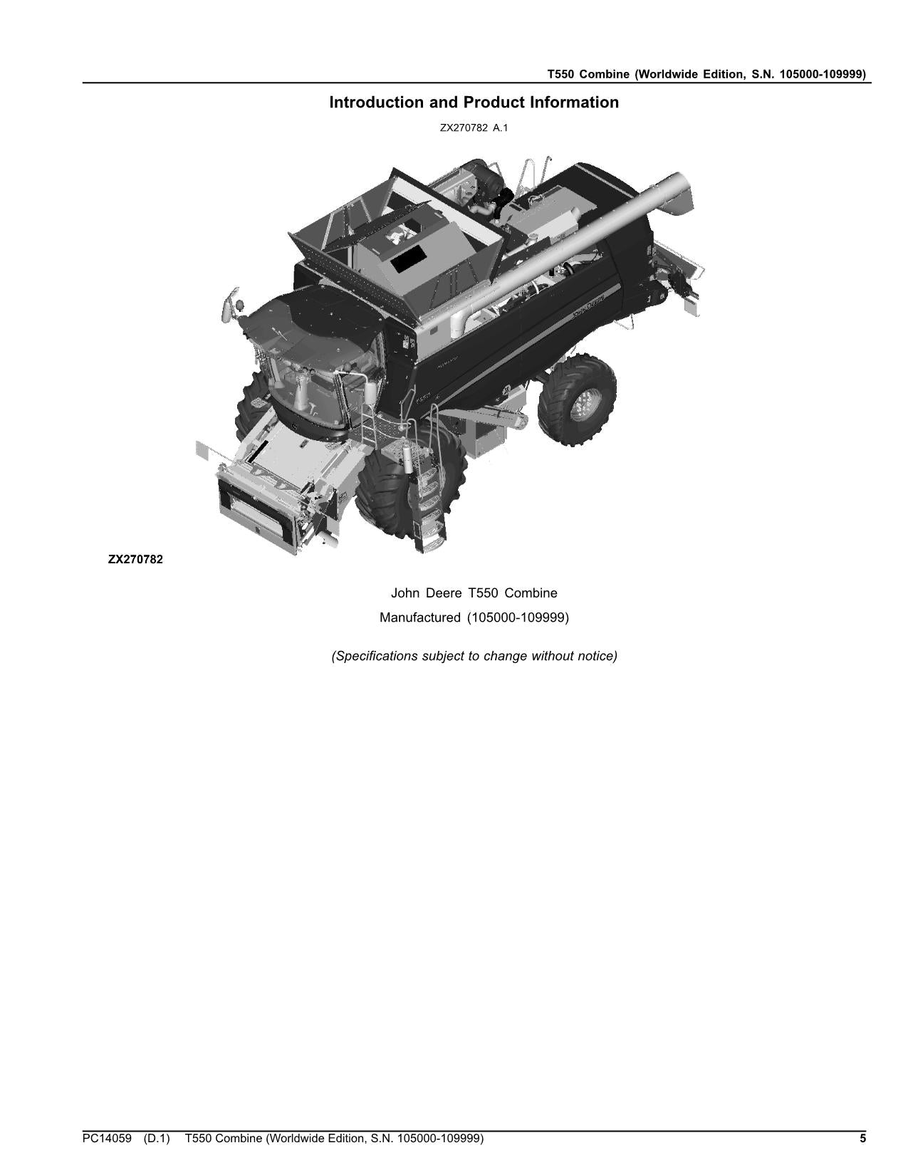 JOHN DEERE T550 MÄHDRESCHER-ERSATZTEILKATALOGHANDBUCH 10500-109999