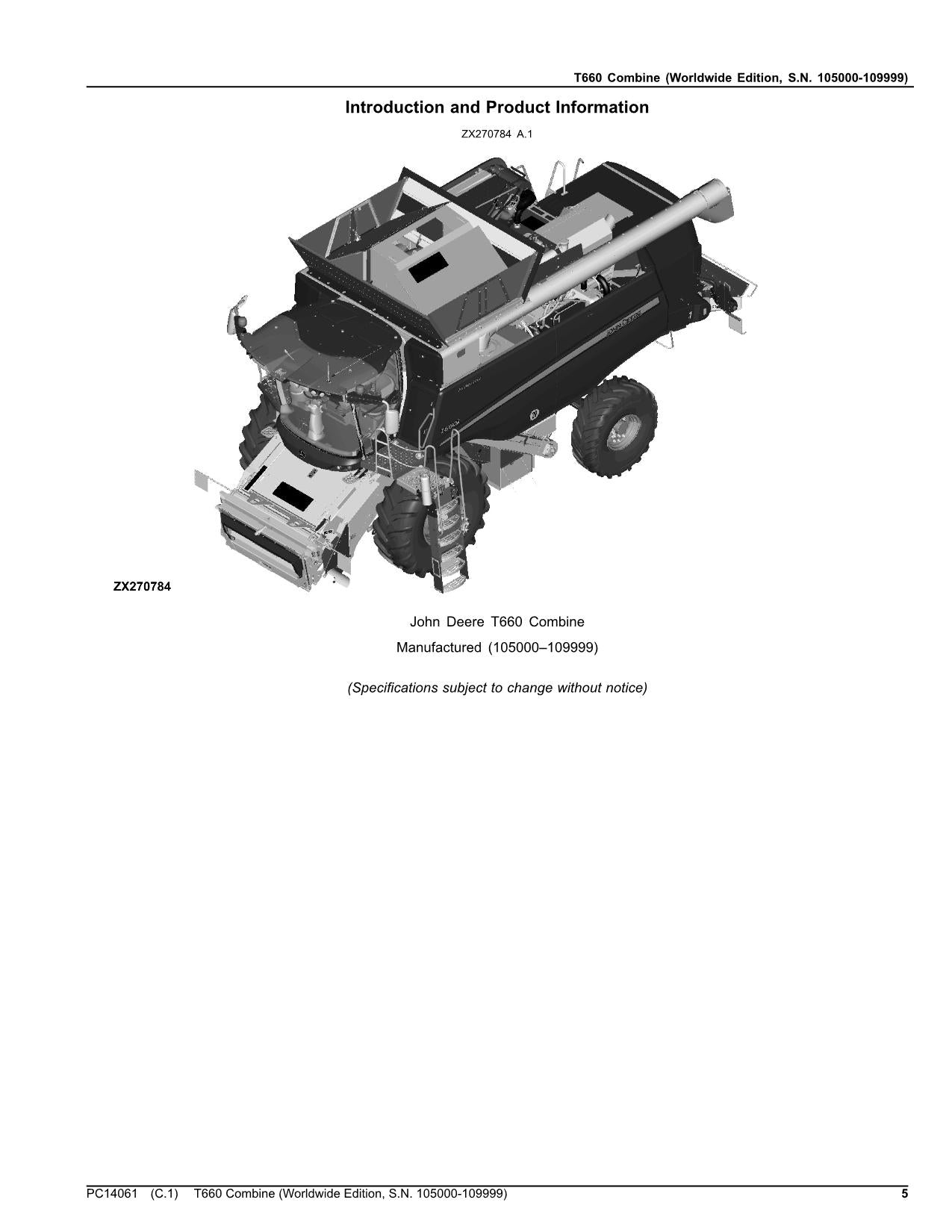 MANUEL DU CATALOGUE DES PIÈCES DE LA MOISSONNEUSE-BATTEUSE JOHN DEERE T660 105000-109999