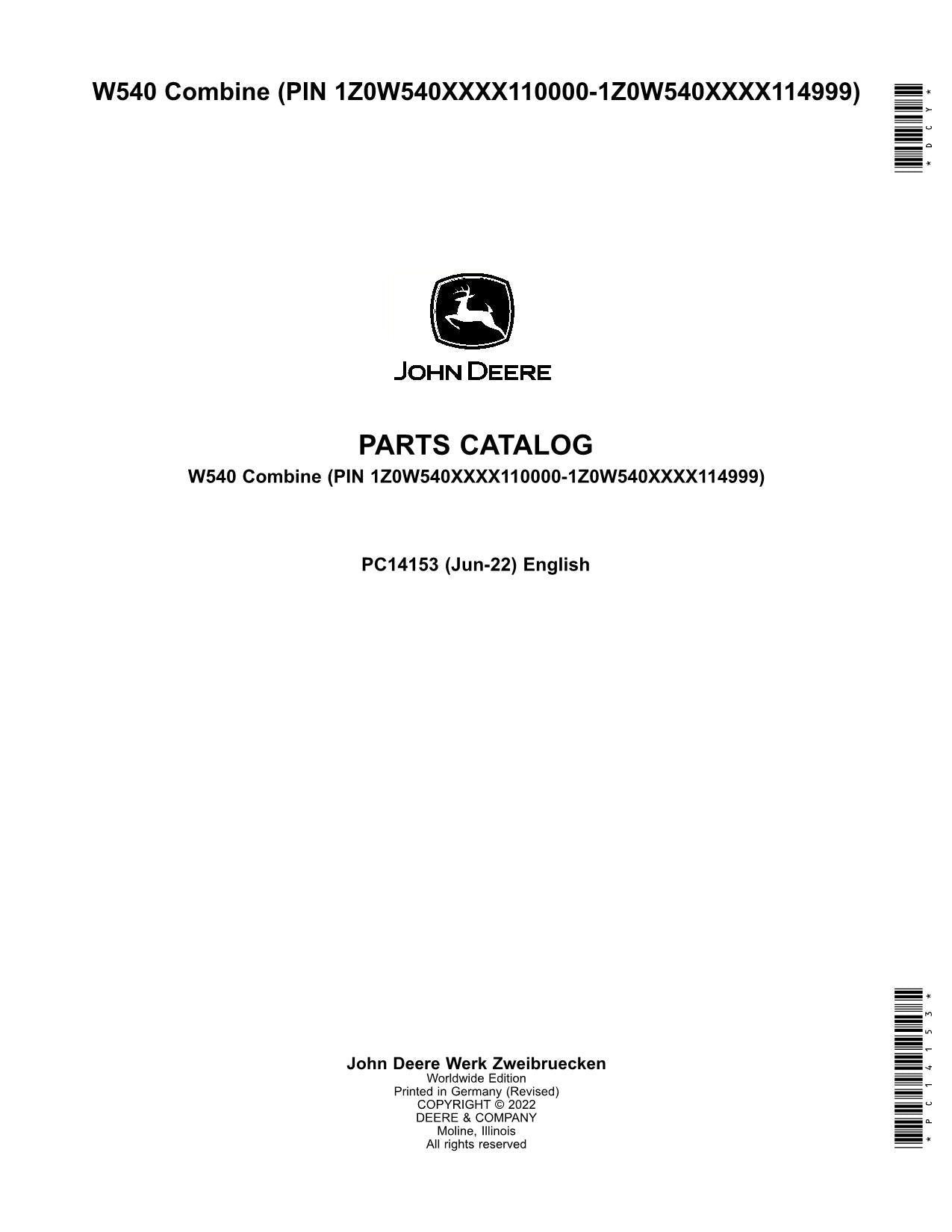 JOHN DEERE T660 COMBINE PARTS CATALOG MANUAL 110000-114999