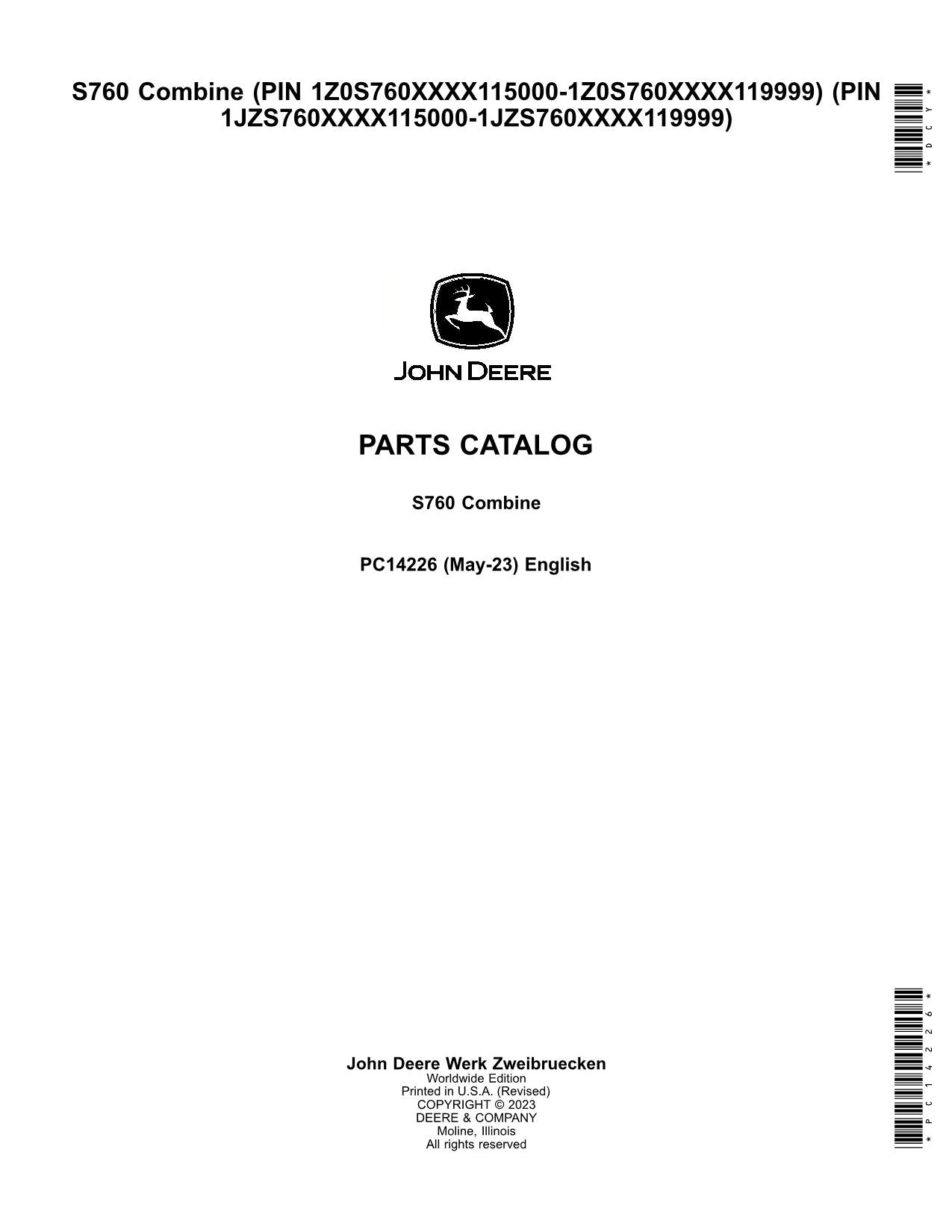 JOHN DEERE S760 COMBINE PARTS CATALOG MANUAL #3