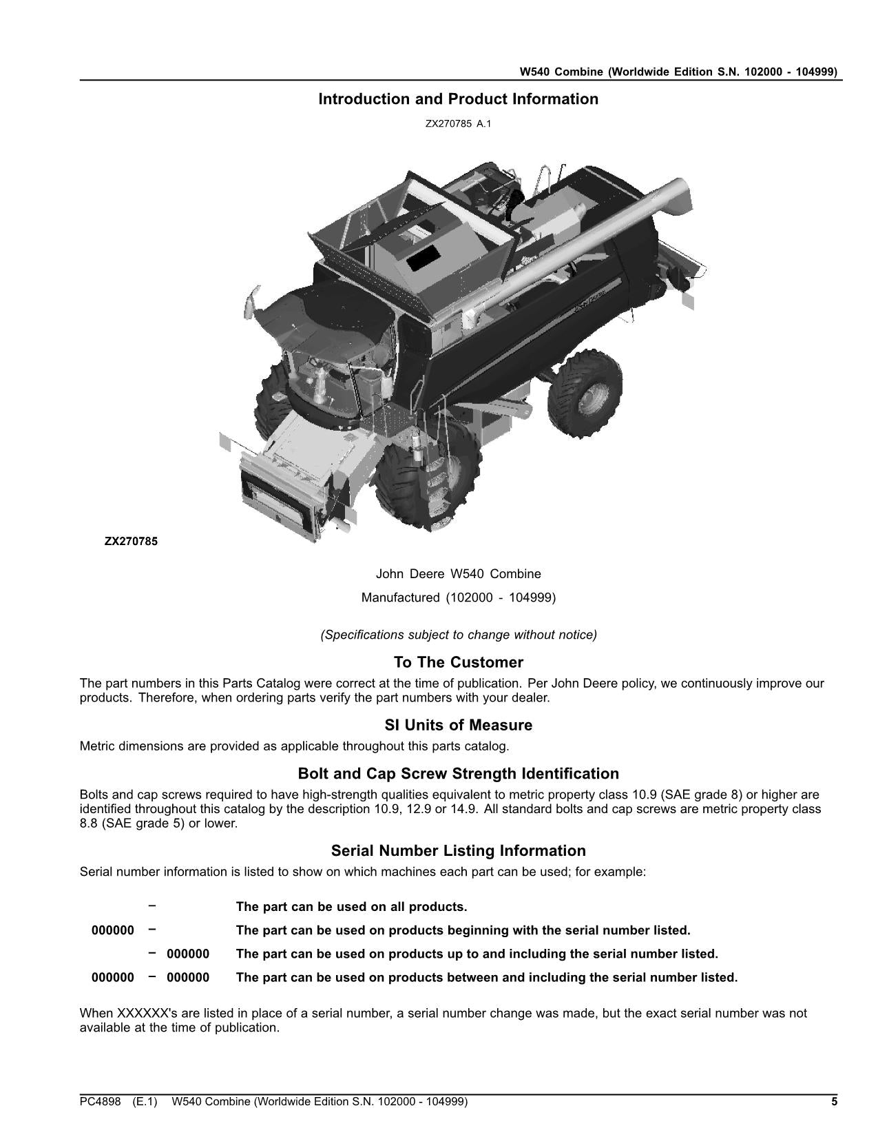 MANUEL DU CATALOGUE DES PIÈCES DE LA MOISSONNEUSE-BATTEUSE JOHN DEERE W540 102000-104999