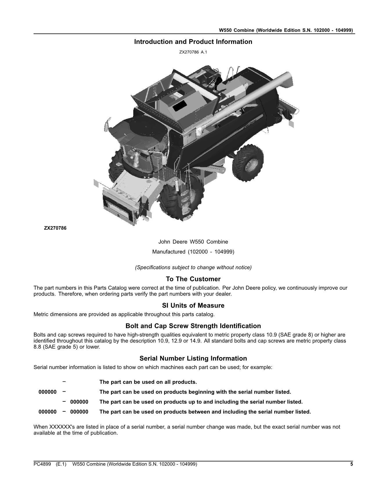 JOHN DEERE W550 COMBINE PARTS CATALOG MANUAL 102000-104999