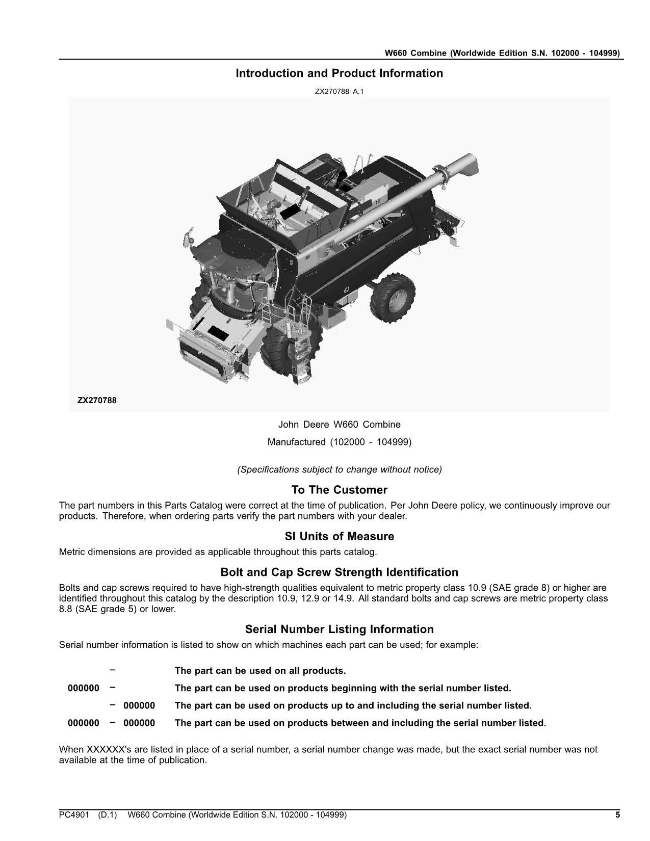 JOHN DEERE W660  COMBINE PARTS CATALOG MANUAL 10200-104999