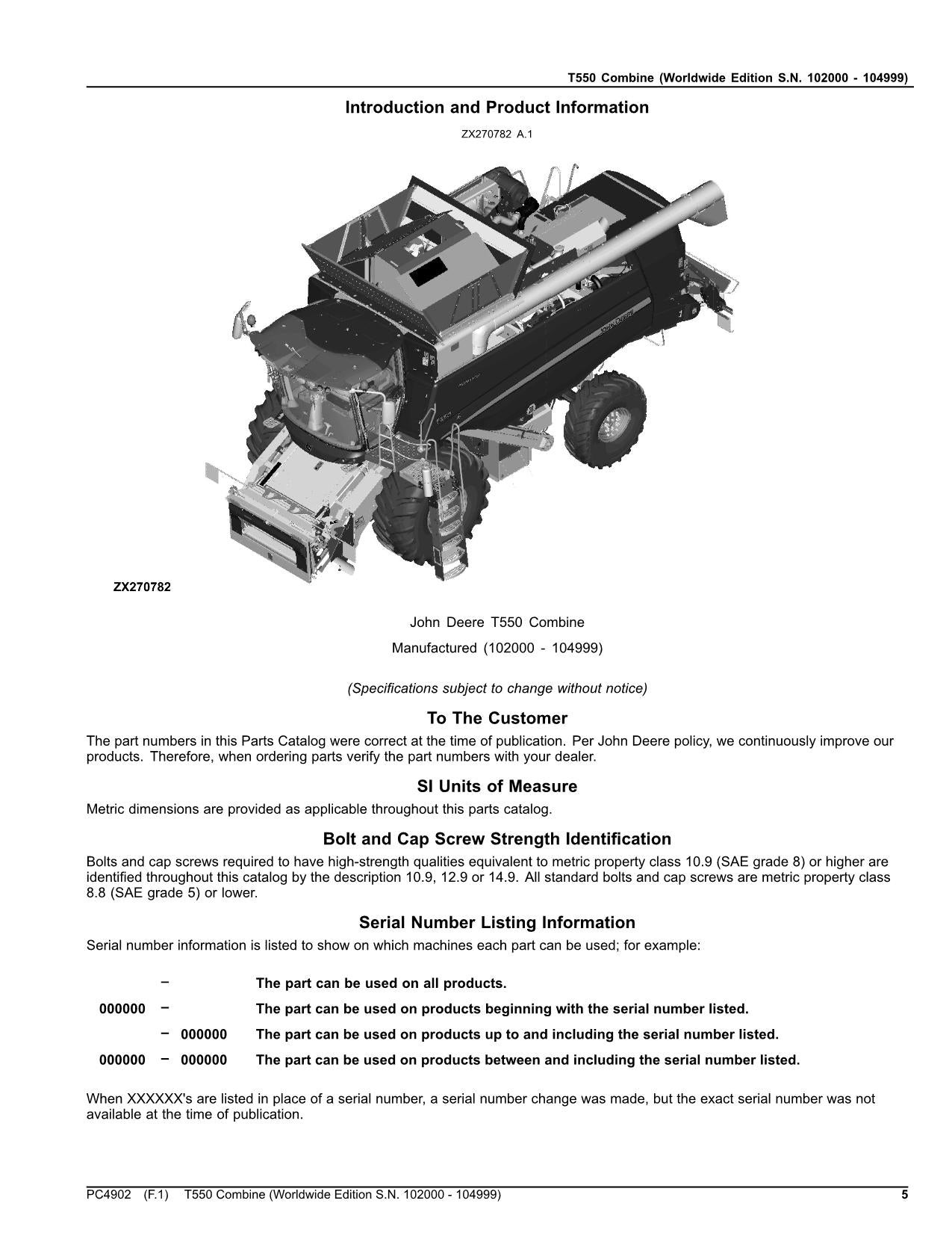 JOHN DEERE T550 COMBINE PARTS CATALOG MANUAL #3