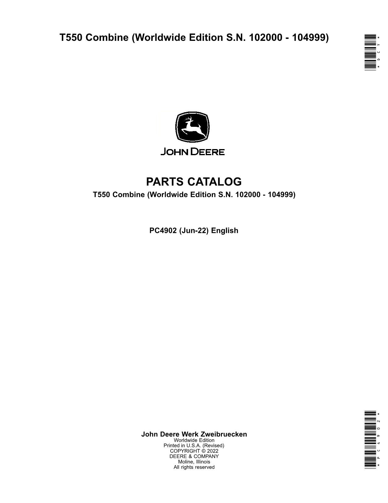 JOHN DEERE T550 COMBINE PARTS CATALOG MANUAL #3