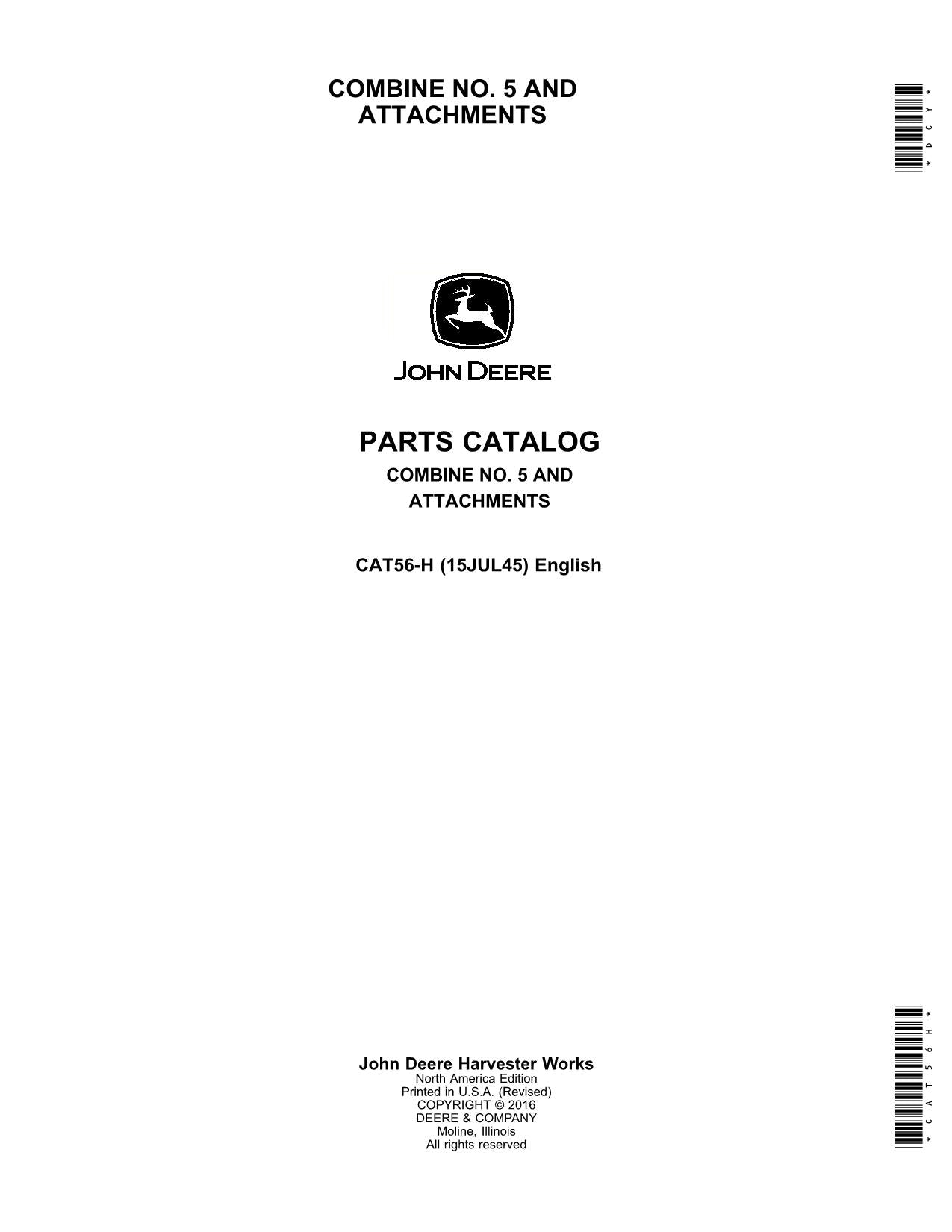 JOHN DEERE 5 COMBINE PARTS CATALOG MANUAL