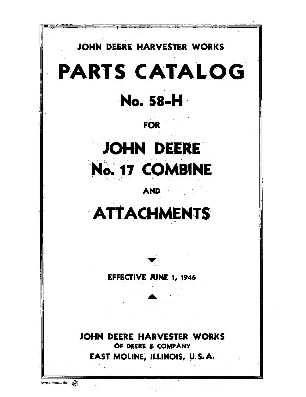 JOHN DEERE 17 COMBINE PARTS CATALOG MANUAL