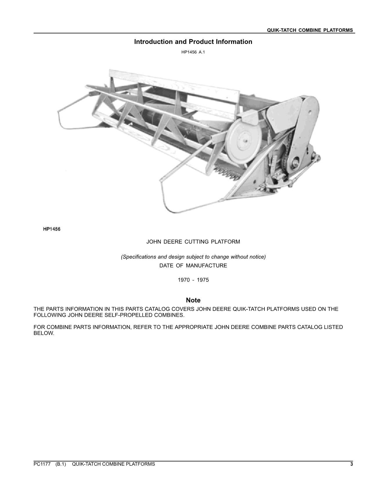 JOHN DEERE QUIK-TATCH COMBINE PARTS CATALOG MANUAL