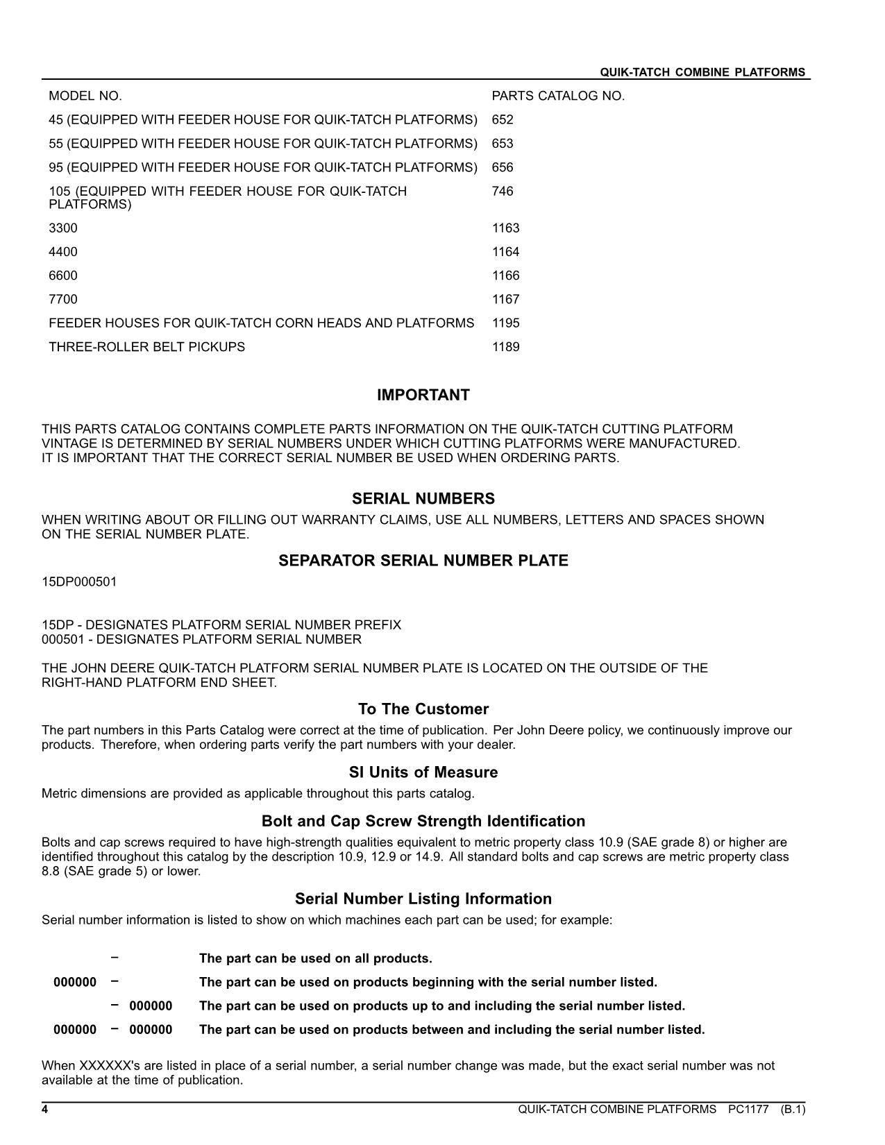 JOHN DEERE QUIK-TATCH COMBINE PARTS CATALOG MANUAL