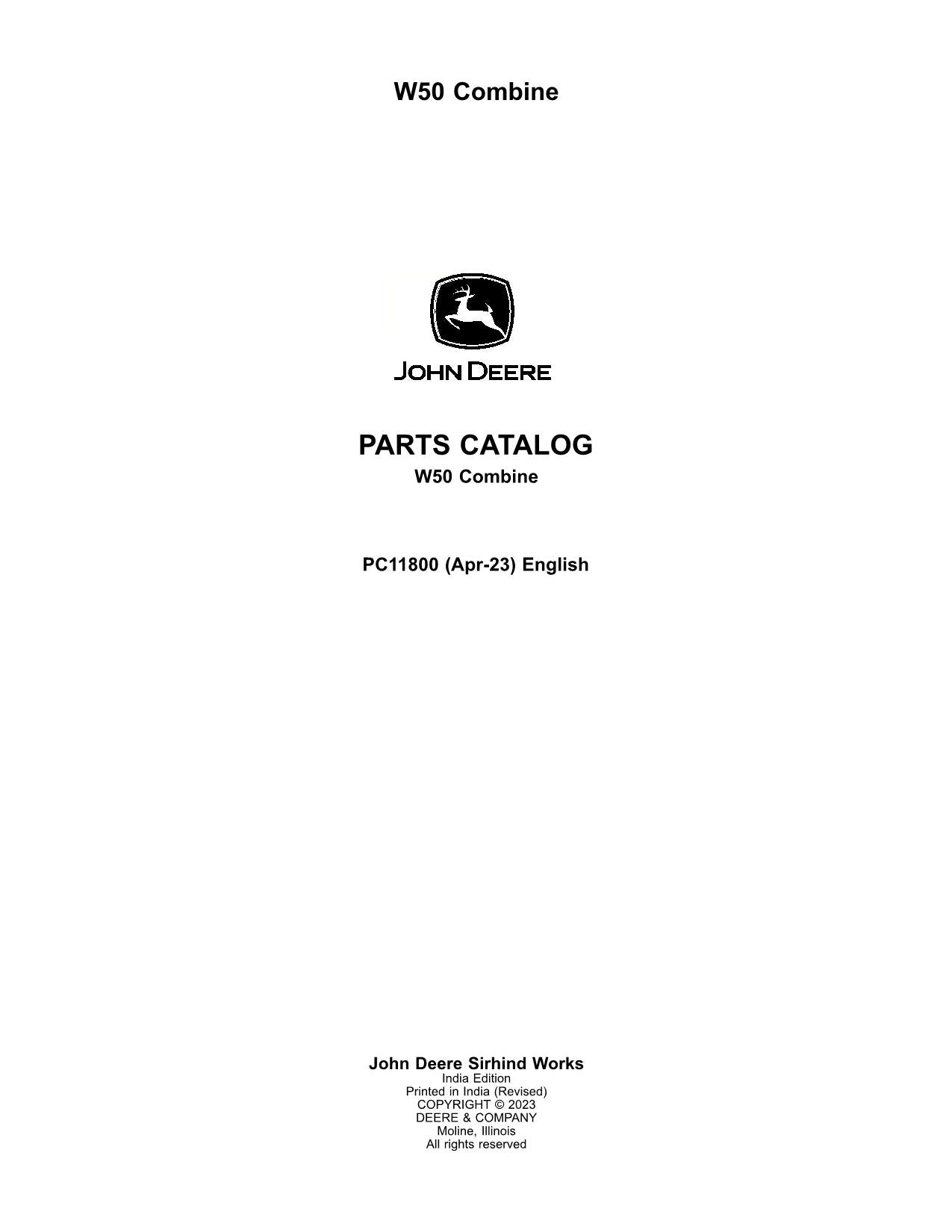 JOHN DEERE W50 COMBINE PARTS CATALOG MANUAL #1