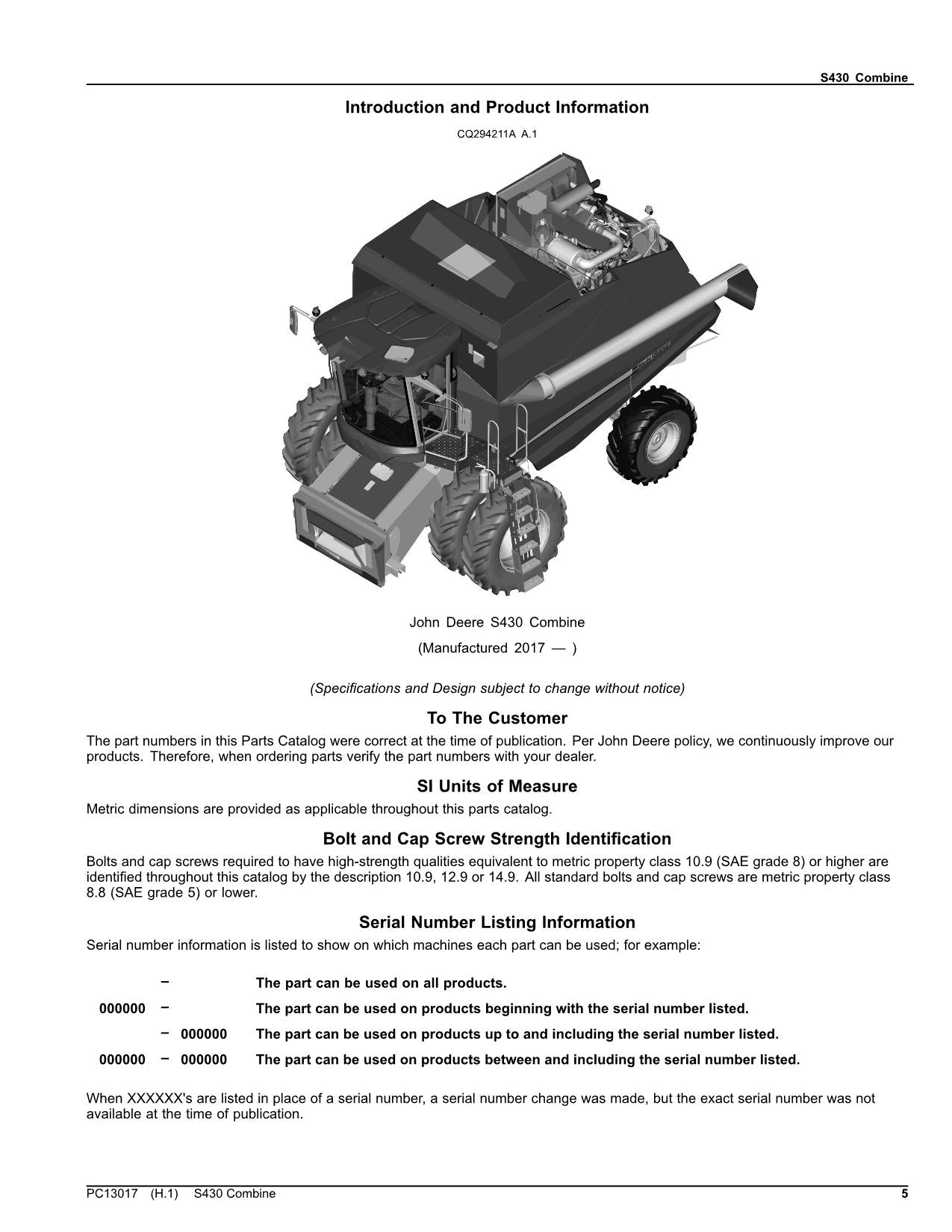 JOHN DEERE S430 COMBINE PARTS CATALOG MANUAL