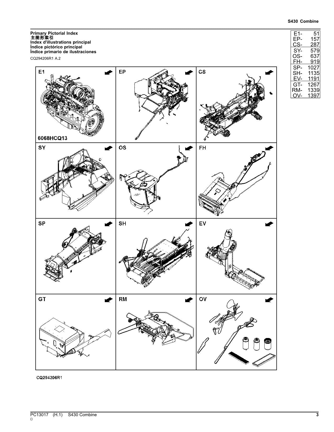 JOHN DEERE S430 COMBINE PARTS CATALOG MANUAL