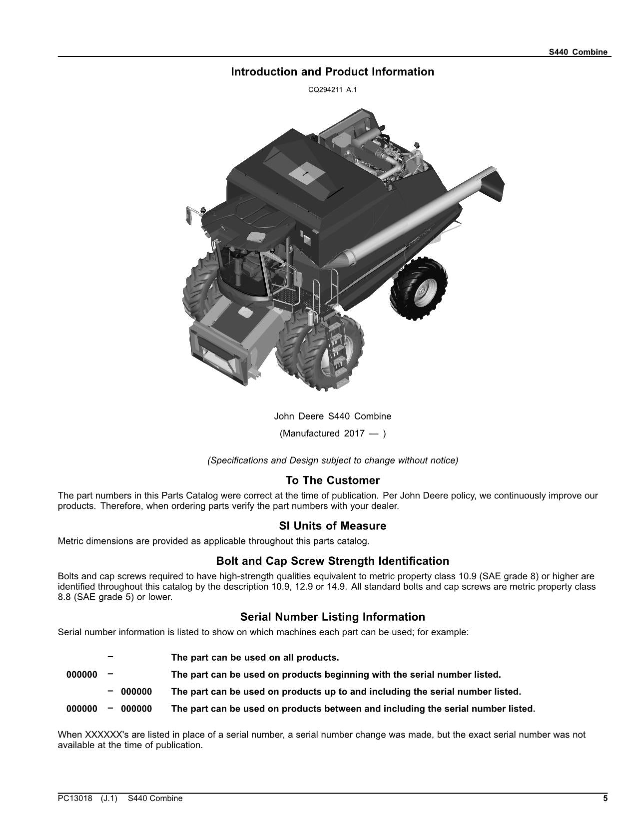 JOHN DEERE S440 COMBINE PARTS CATALOG MANUAL #1