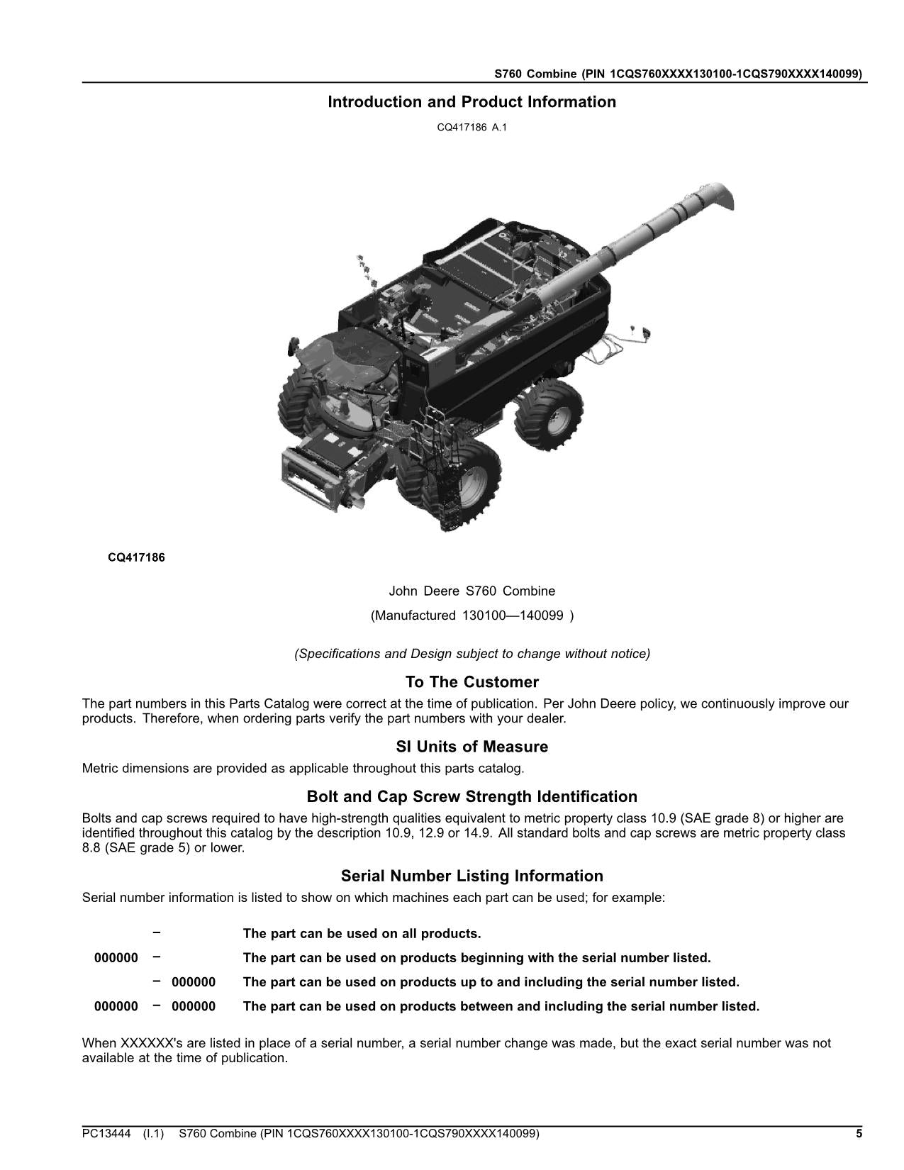 JOHN DEERE S760 COMBINE PARTS CATALOG MANUAL #4