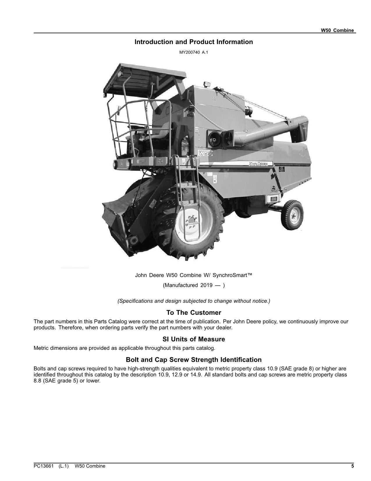 JOHN DEERE W50 COMBINE PARTS CATALOG MANUAL #2