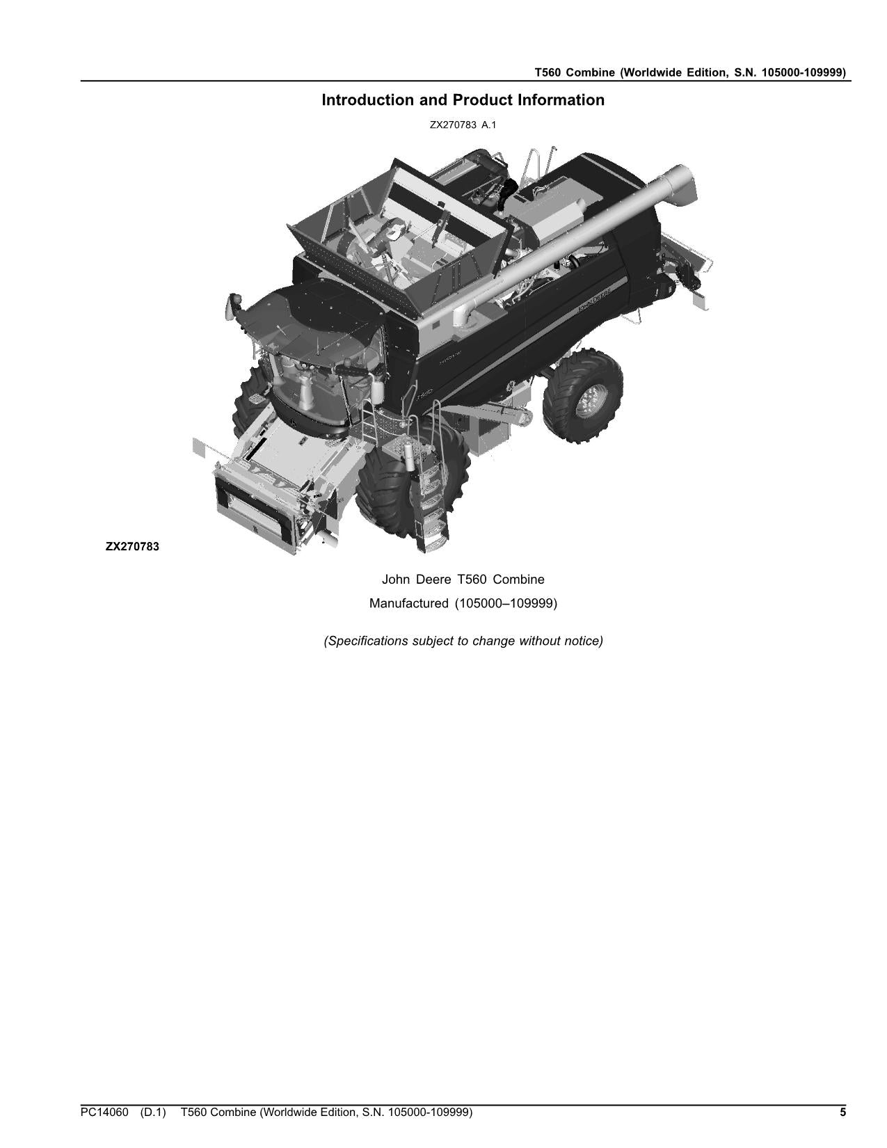 JOHN DEERE T560 COMBINE PARTS CATALOG MANUAL 105000-109999