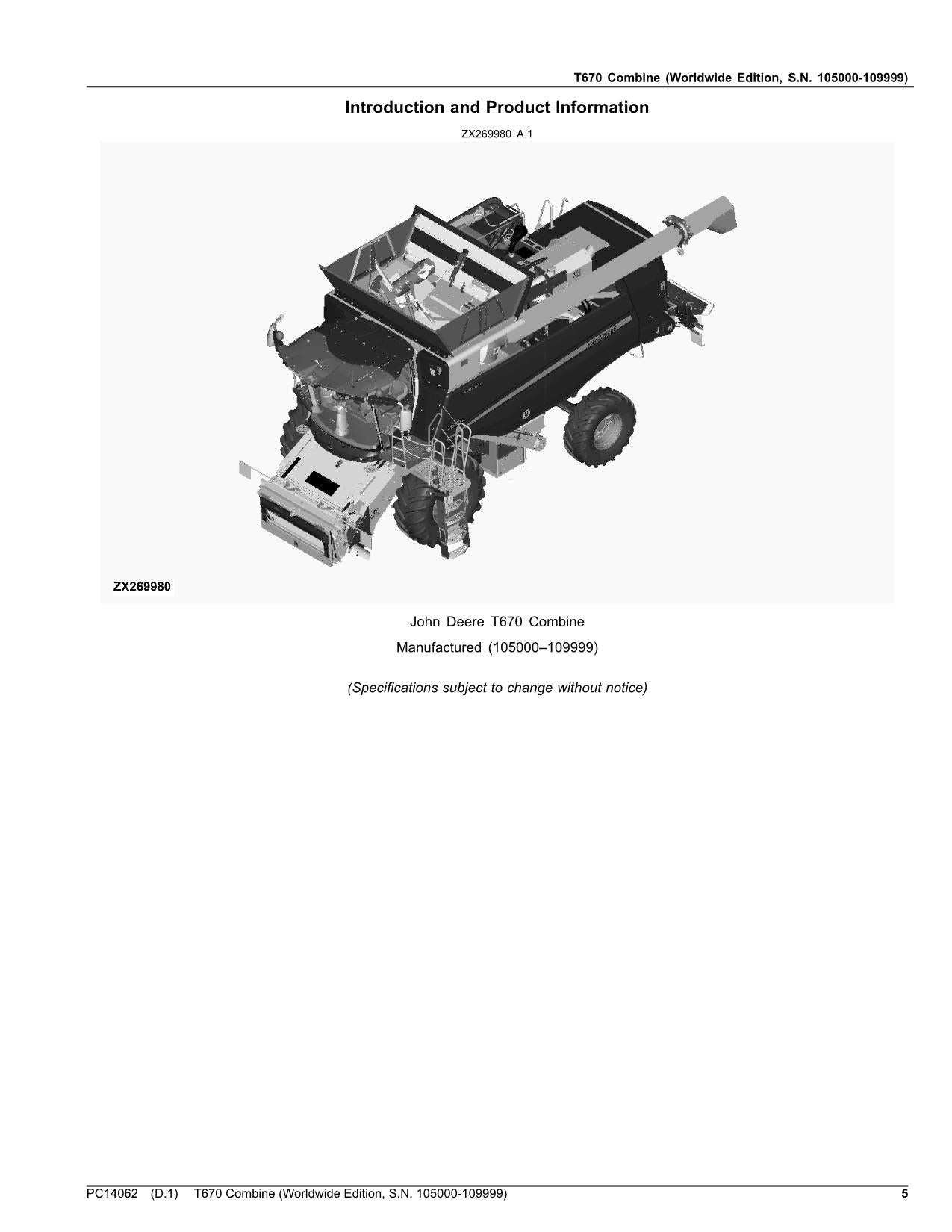 JOHN DEERE T670 COMBINE PARTS CATALOG MANUAL 105000-109999